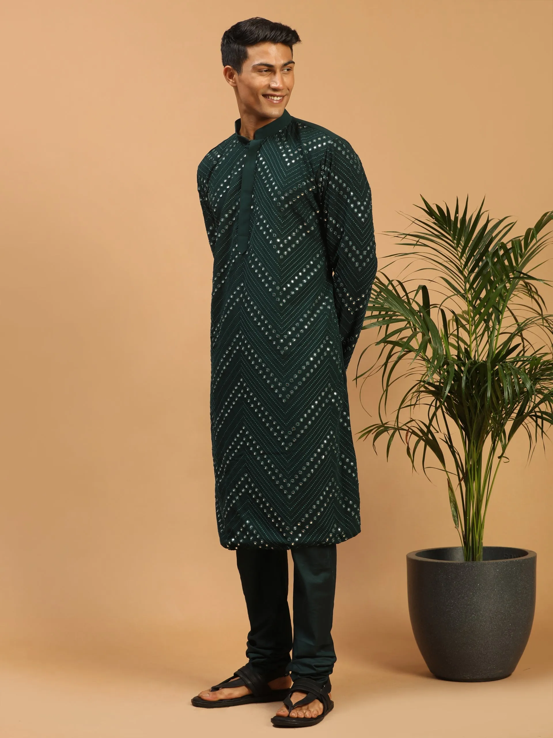 Jashvi Men's Green Mirror Kurta Pyjama Set