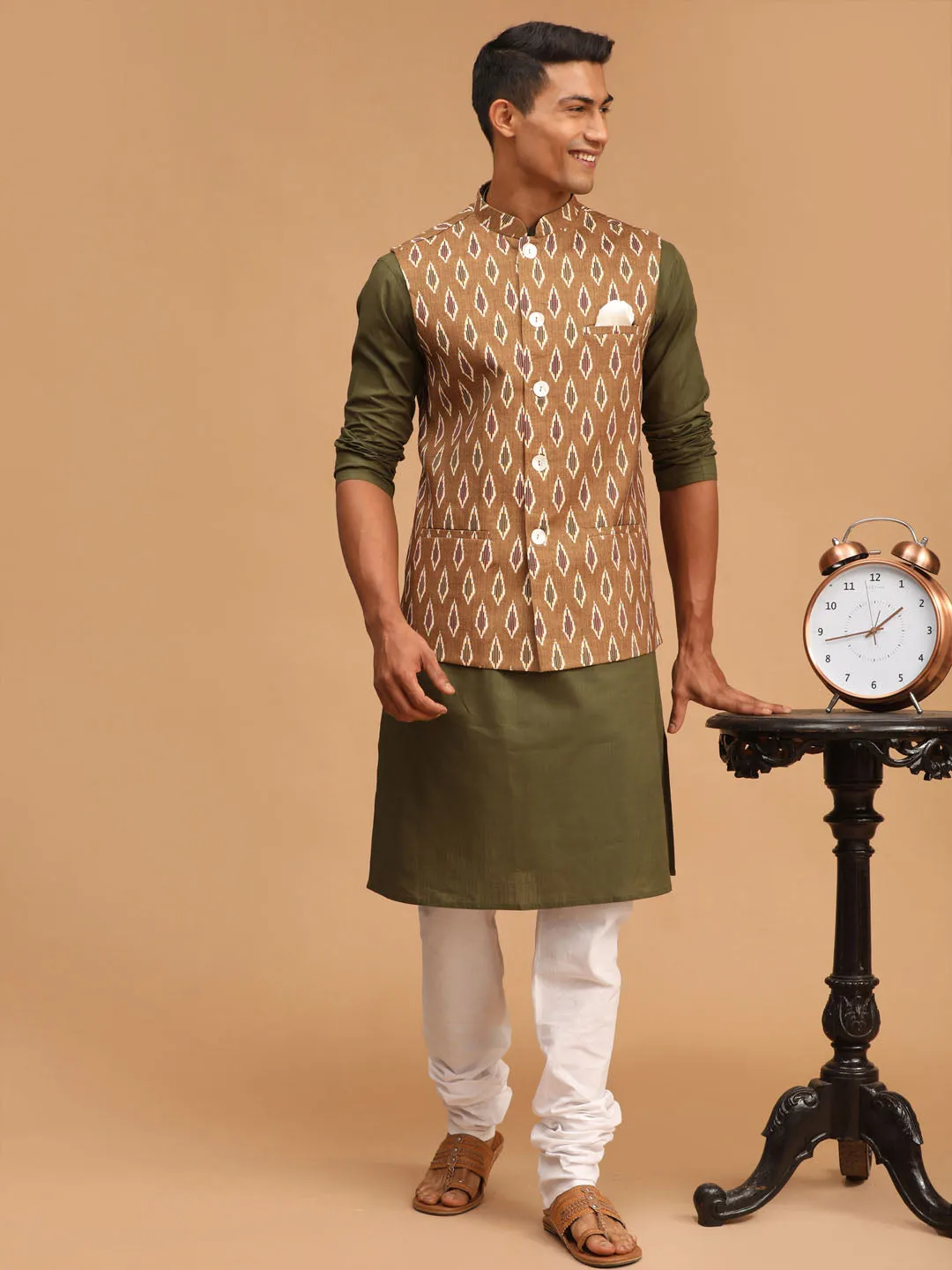 Jashvi Men's Green Printed Cotton Nehru Jacket With Mehdi Green Kurta And White Pyjama Set