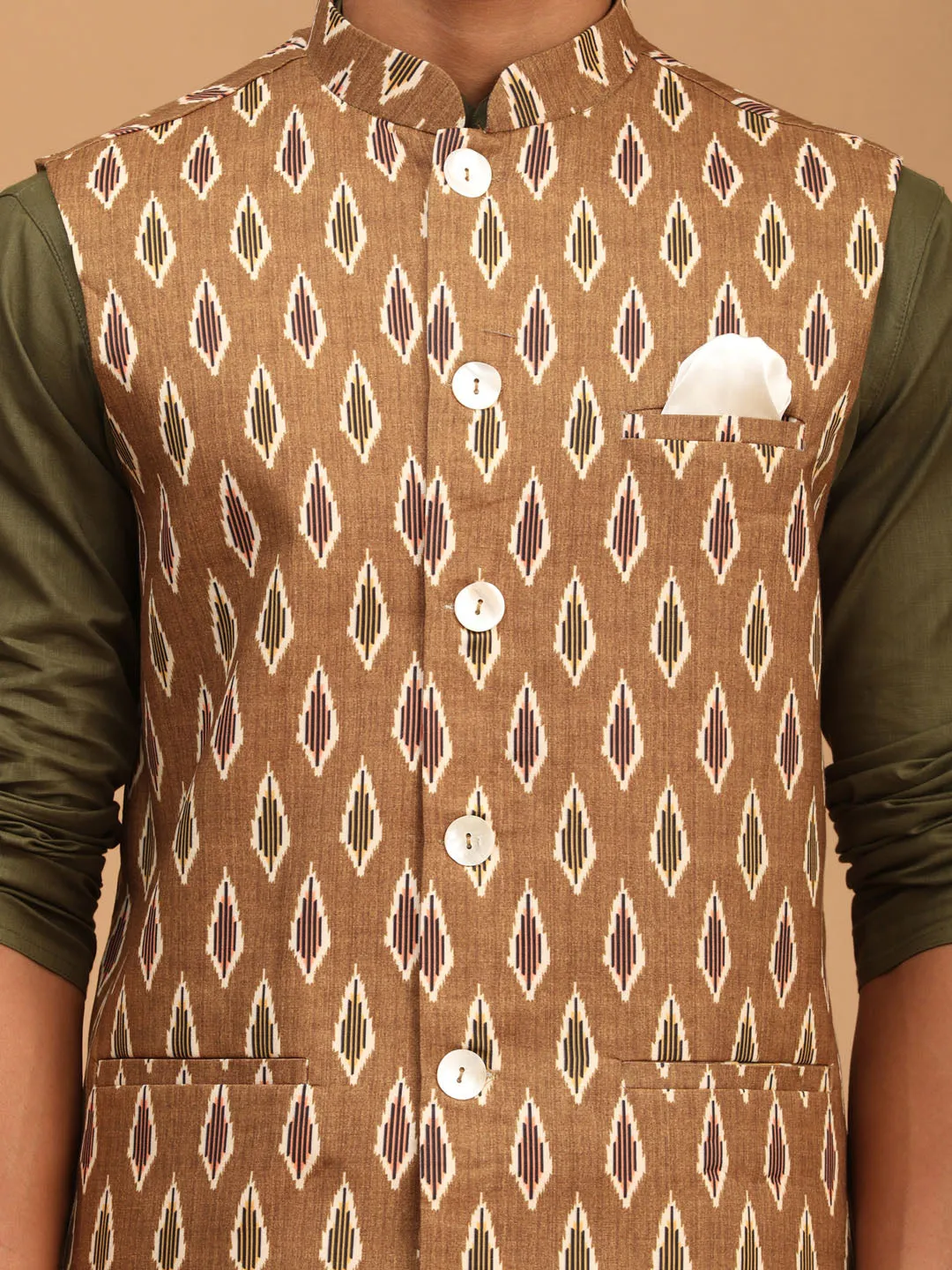 Jashvi Men's Green Printed Cotton Nehru Jacket With Mehdi Green Kurta And White Pyjama Set