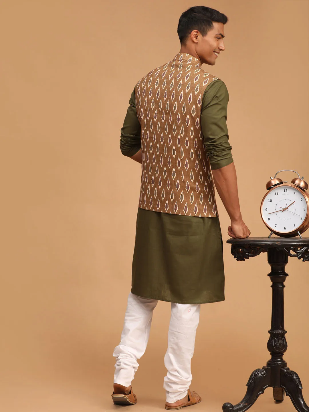 Jashvi Men's Green Printed Cotton Nehru Jacket With Mehdi Green Kurta And White Pyjama Set