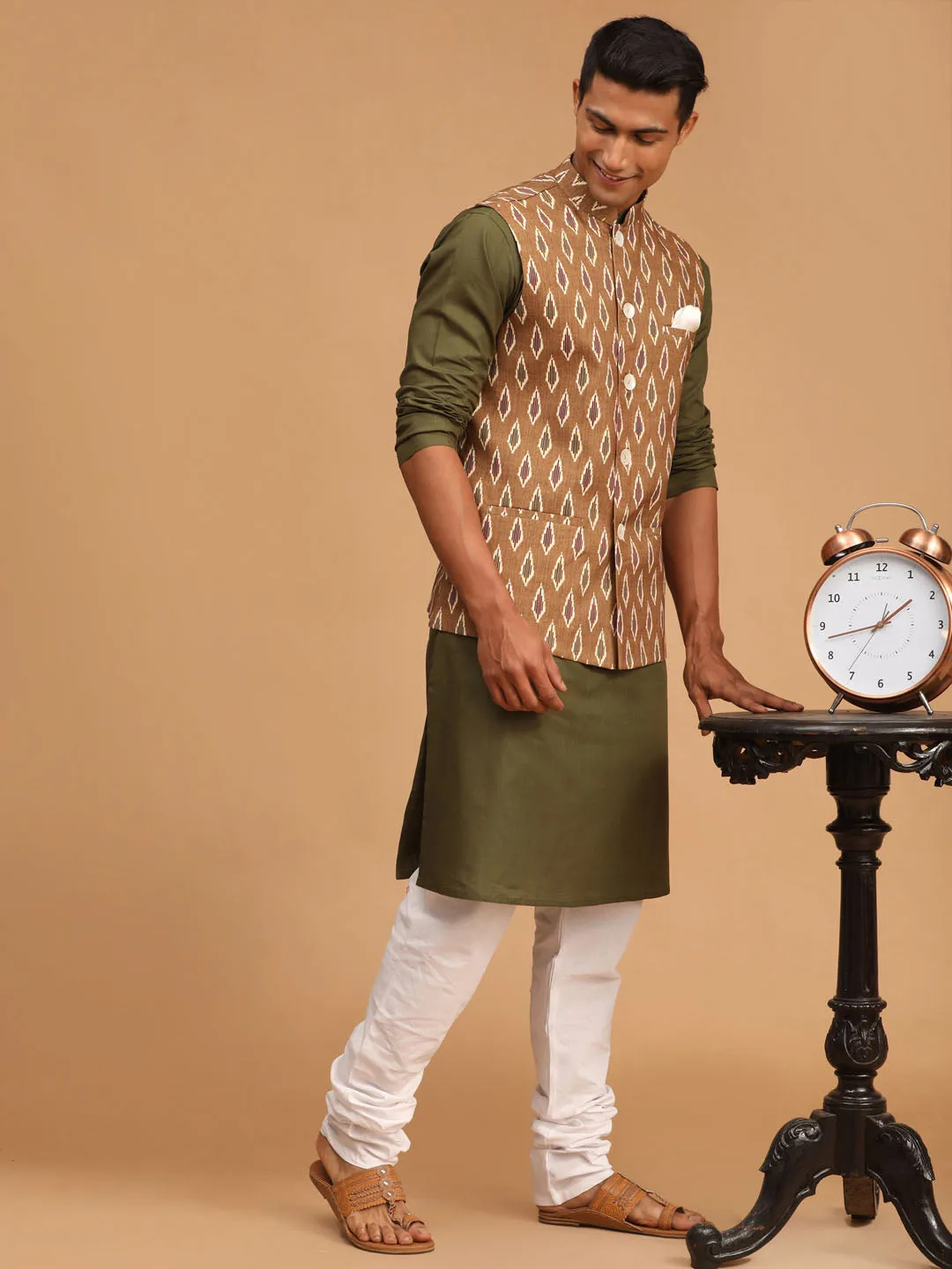 Jashvi Men's Green Printed Cotton Nehru Jacket With Mehdi Green Kurta And White Pyjama Set