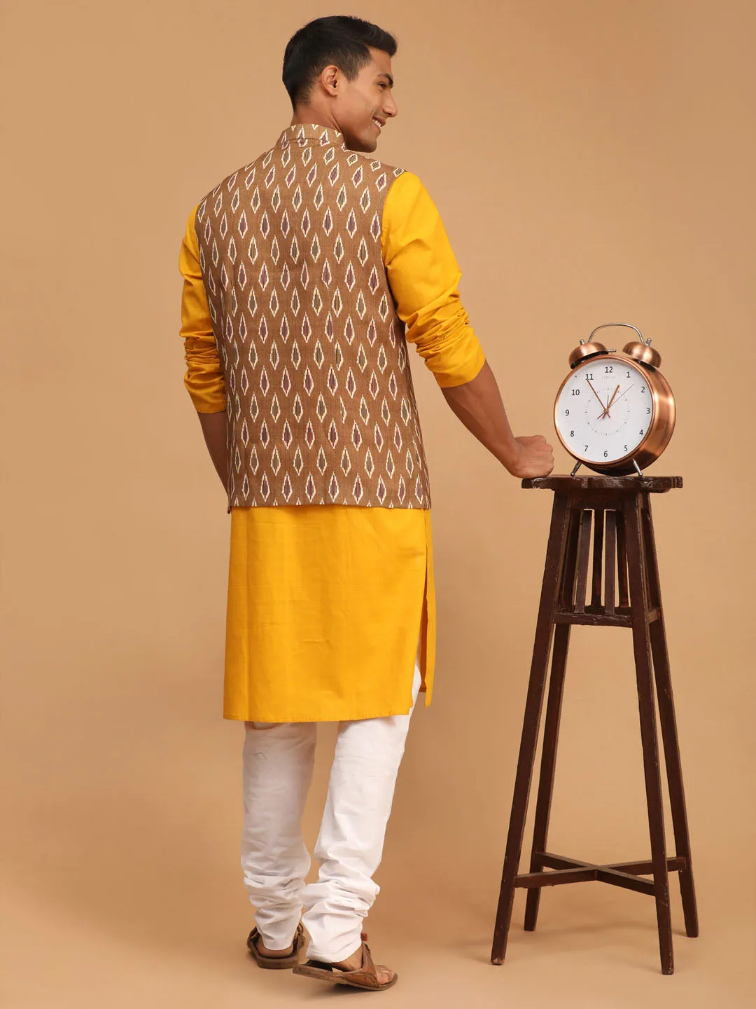 Jashvi Men's Green Printed Cotton Nehru Jacket With Mustard Kurta And White Pyjama Set