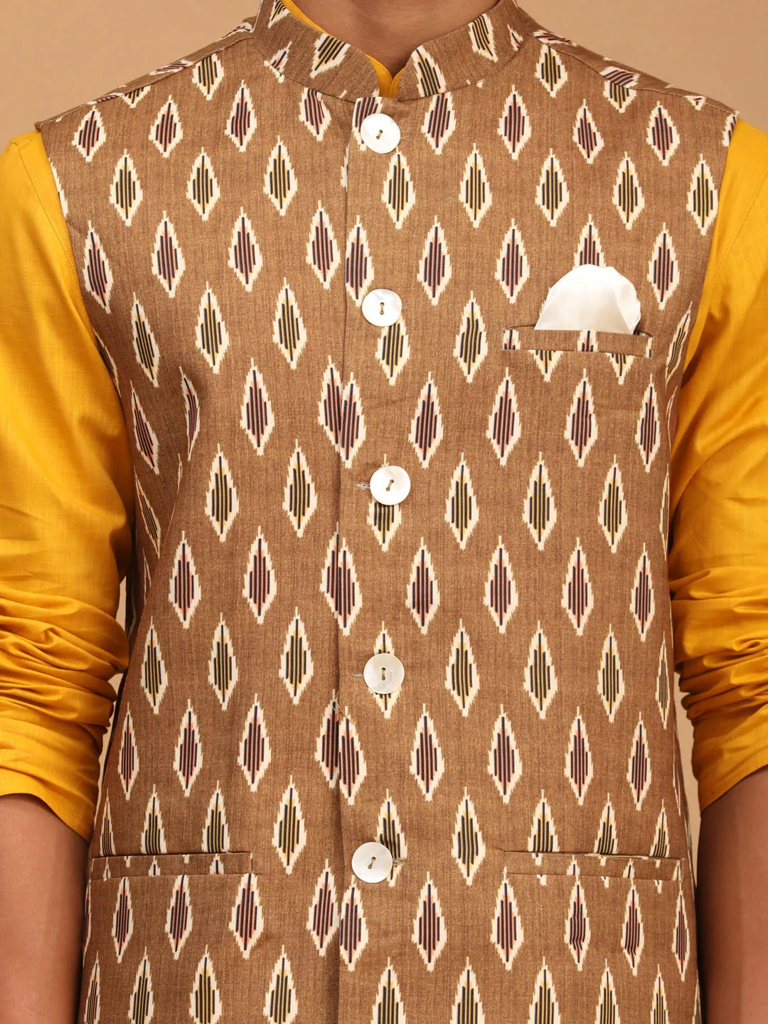 Jashvi Men's Green Printed Cotton Nehru Jacket With Mustard Kurta And White Pyjama Set