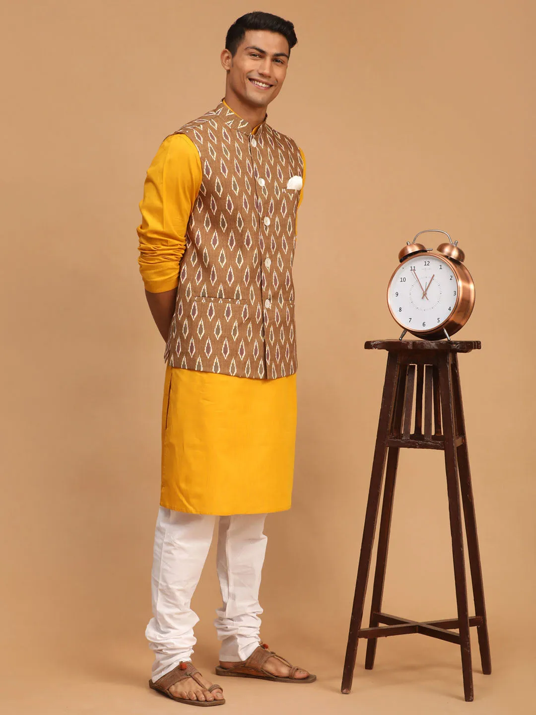 Jashvi Men's Green Printed Cotton Nehru Jacket With Mustard Kurta And White Pyjama Set