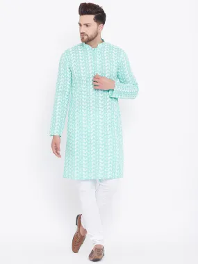 Jashvi Men's Green Pure Cotton Chikankari Kurta Pyjama Set