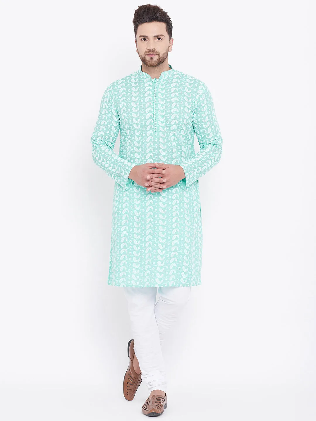 Jashvi Men's Green Pure Cotton Chikankari Kurta Pyjama Set