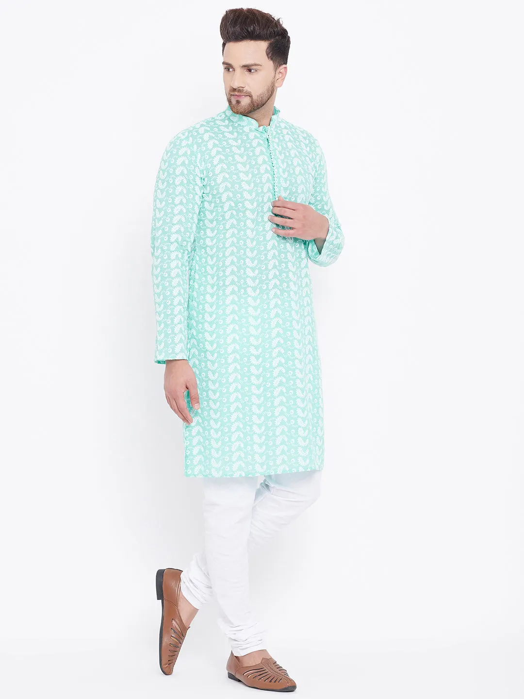 Jashvi Men's Green Pure Cotton Chikankari Kurta Pyjama Set