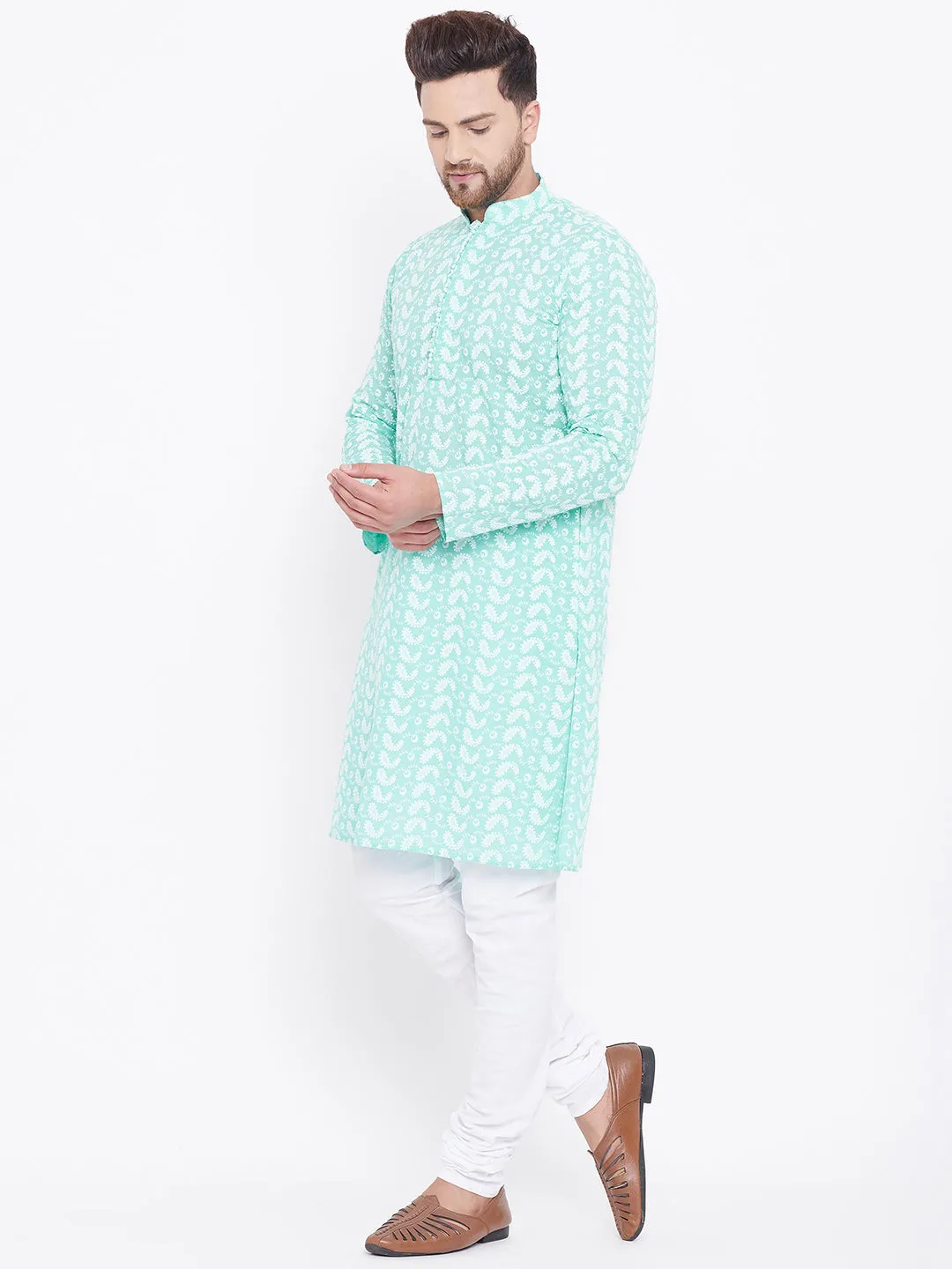 Jashvi Men's Green Pure Cotton Chikankari Kurta Pyjama Set