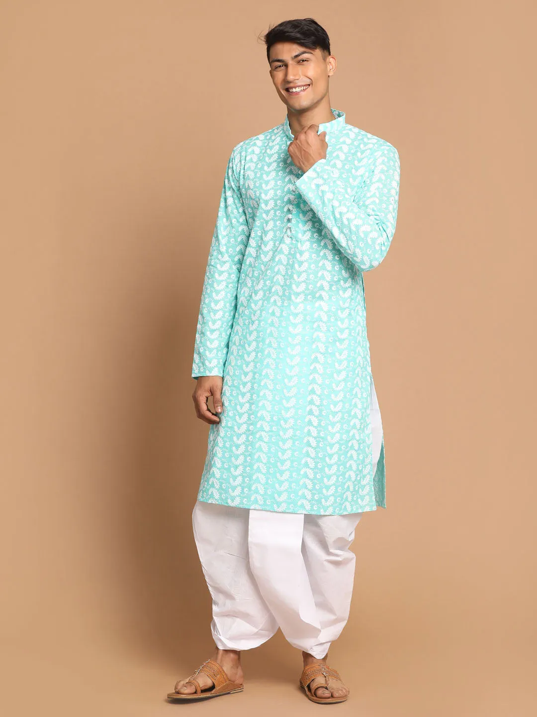 Jashvi Men's Green Pure Cotton Chikankari Kurta With Dhoti set