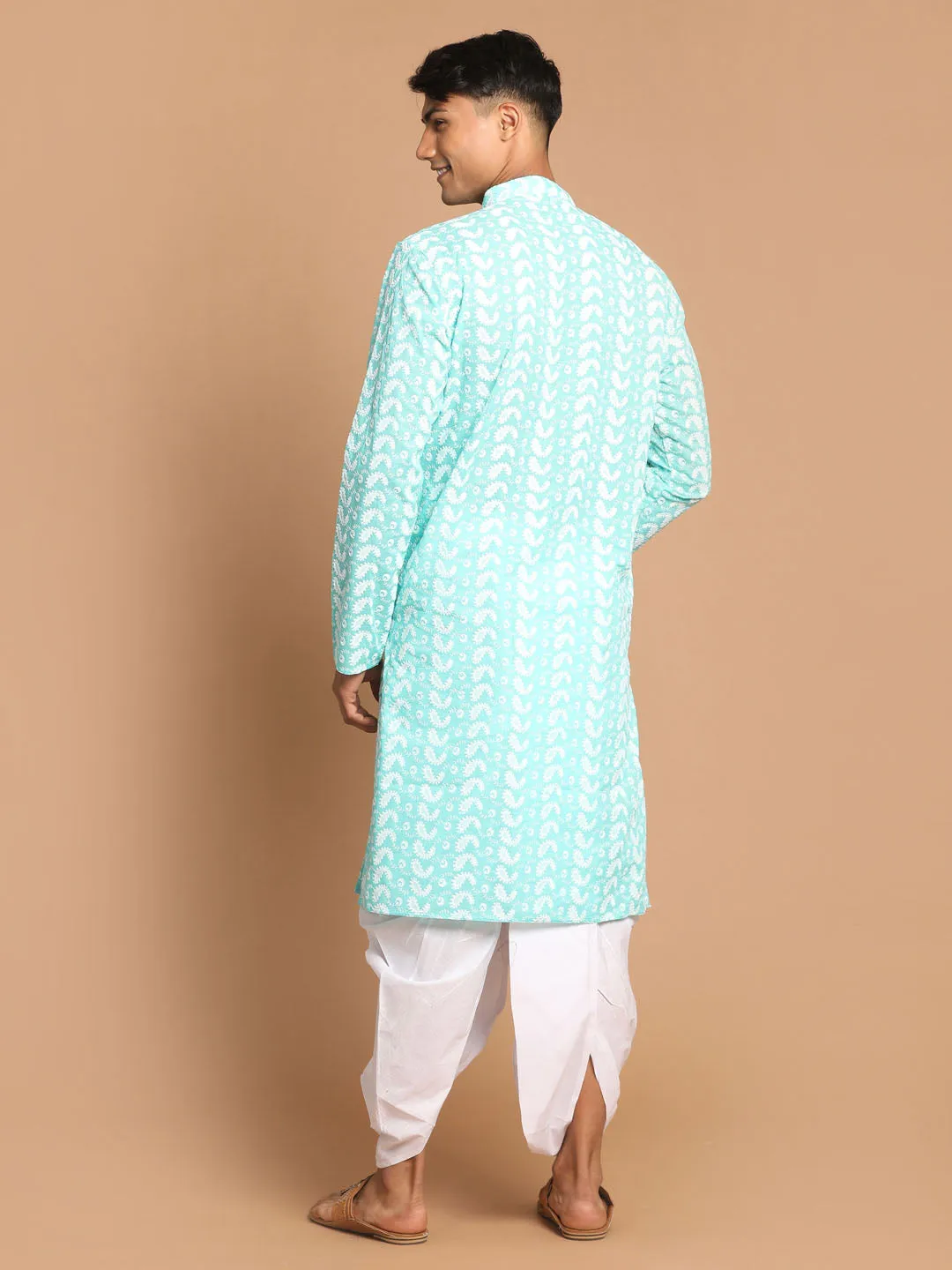 Jashvi Men's Green Pure Cotton Chikankari Kurta With Dhoti set