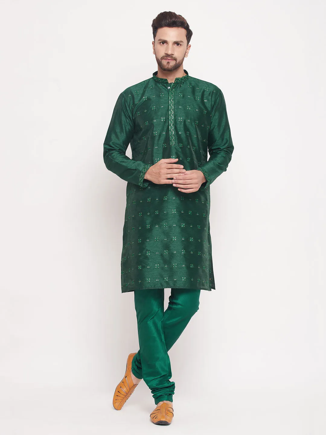 Jashvi Men's Green Sequin Kurta Pyjama Set