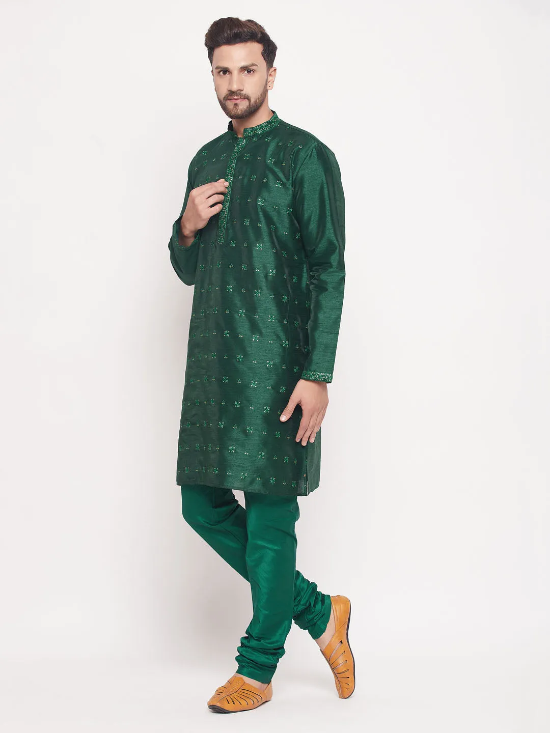 Jashvi Men's Green Sequin Kurta Pyjama Set