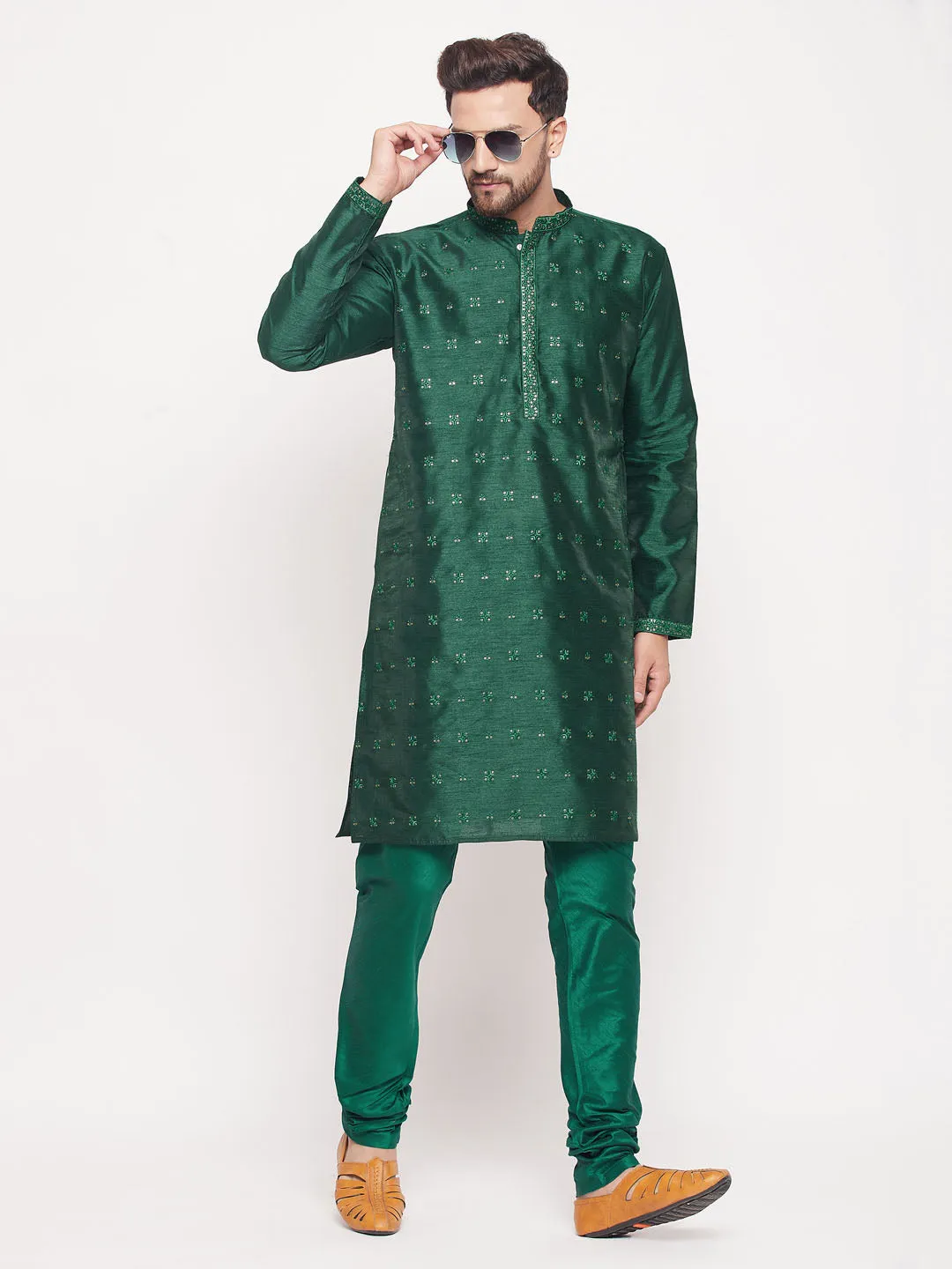 Jashvi Men's Green Sequin Kurta Pyjama Set