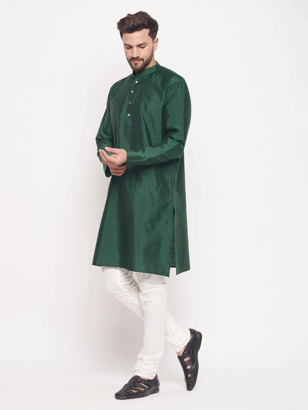 Jashvi Men's Green Square Woven Silk Blend Kurta With Cream Pyjama Set