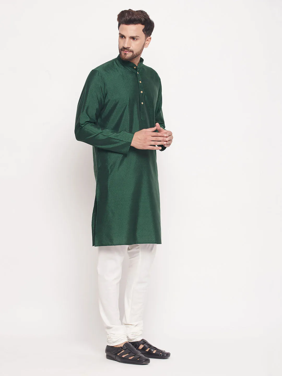 Jashvi Men's Green Square Woven Silk Blend Kurta With Cream Pyjama Set