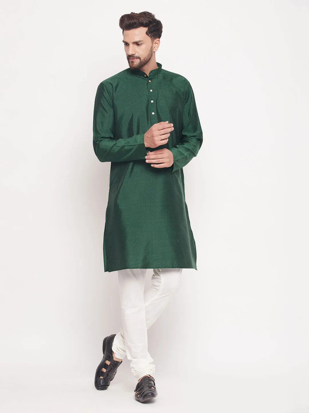 Jashvi Men's Green Square Woven Silk Blend Kurta With Cream Pyjama Set