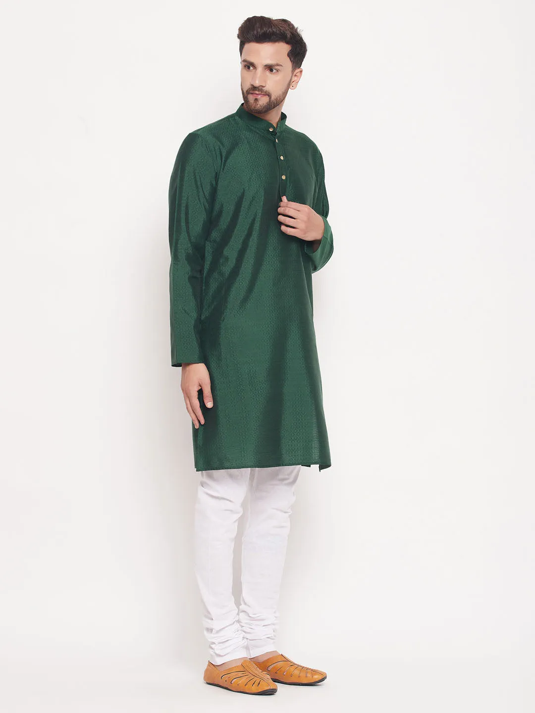 Jashvi Men's Green Square Woven Silk Blend Kurta With White Pyjama Set