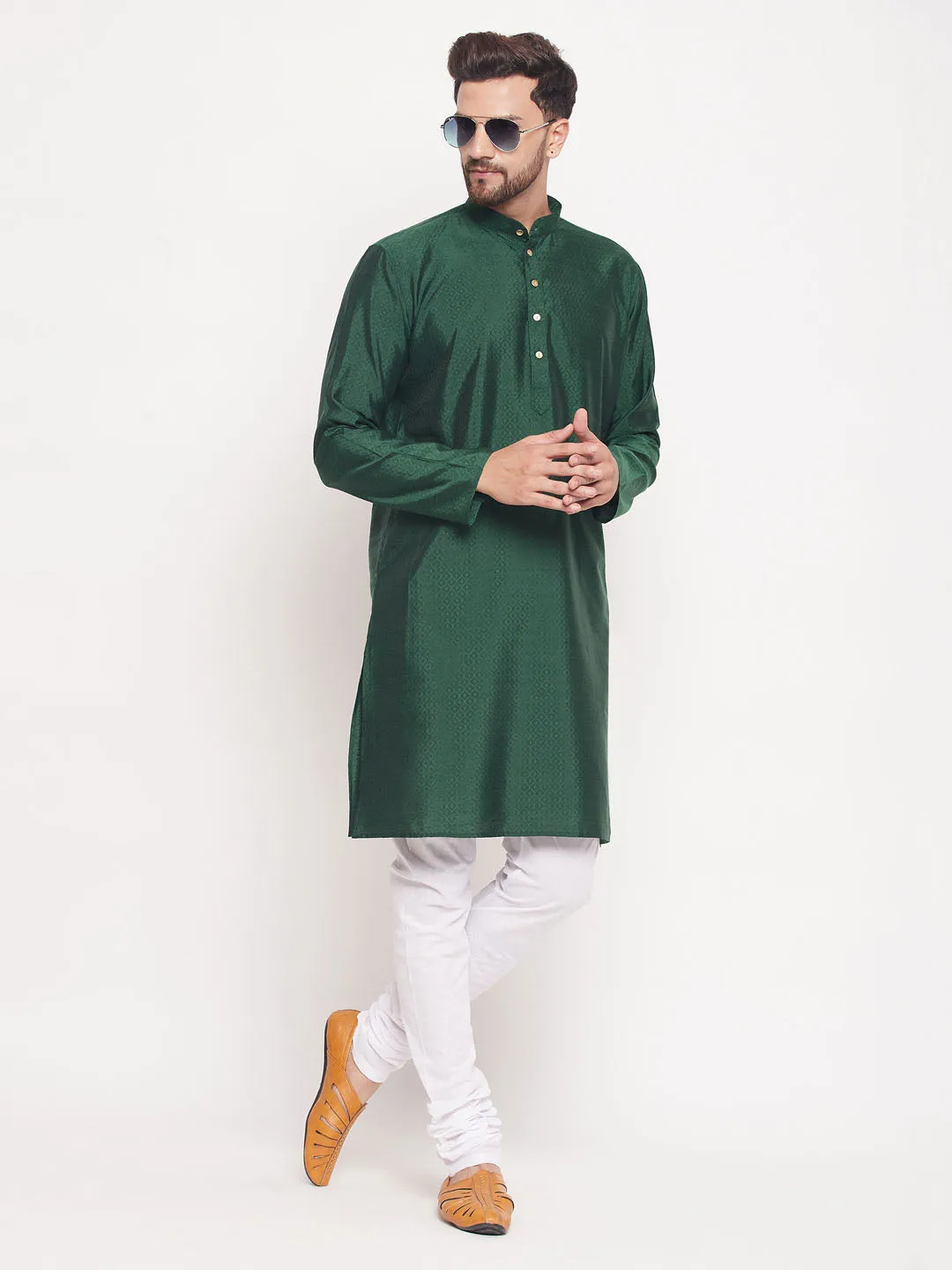 Jashvi Men's Green Square Woven Silk Blend Kurta With White Pyjama Set