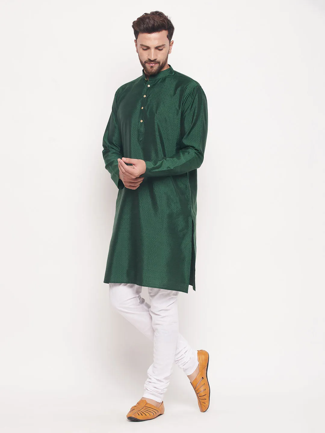 Jashvi Men's Green Square Woven Silk Blend Kurta With White Pyjama Set