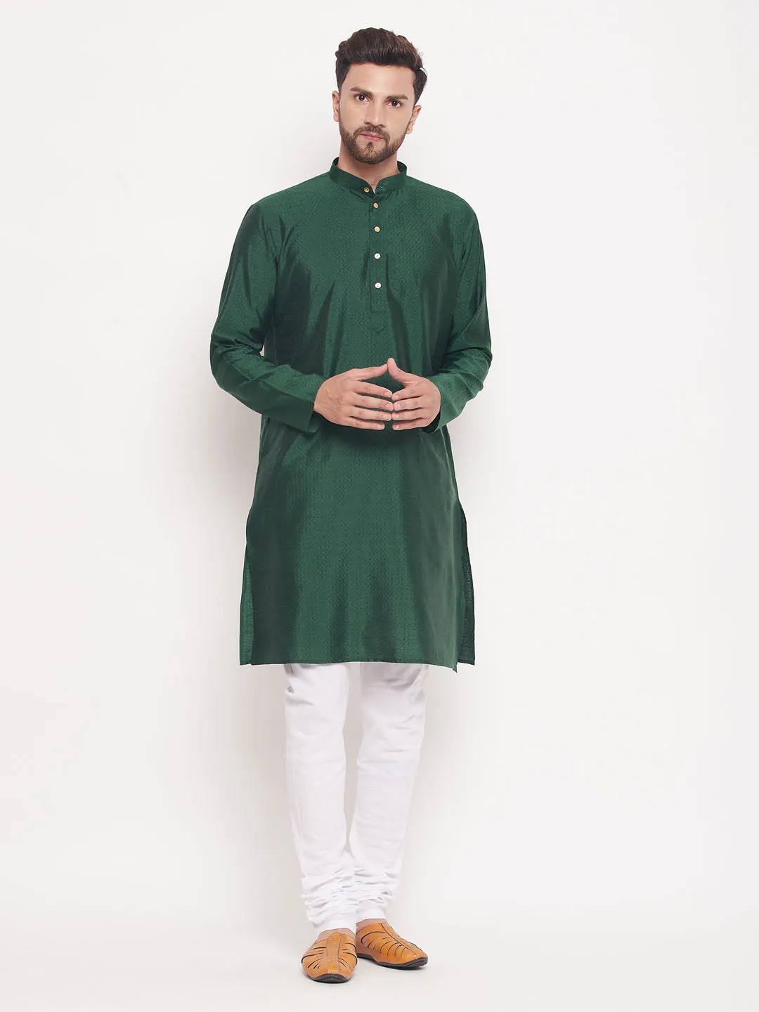 Jashvi Men's Green Square Woven Silk Blend Kurta With White Pyjama Set