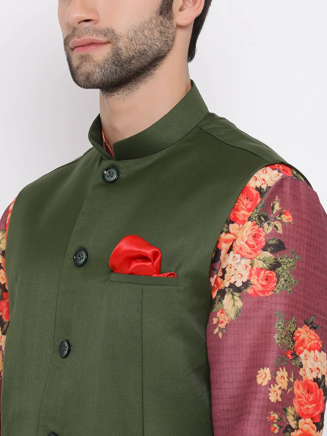 Jashvi Men's Green Twill Jacket, Printed Kurta and Pyjama Set