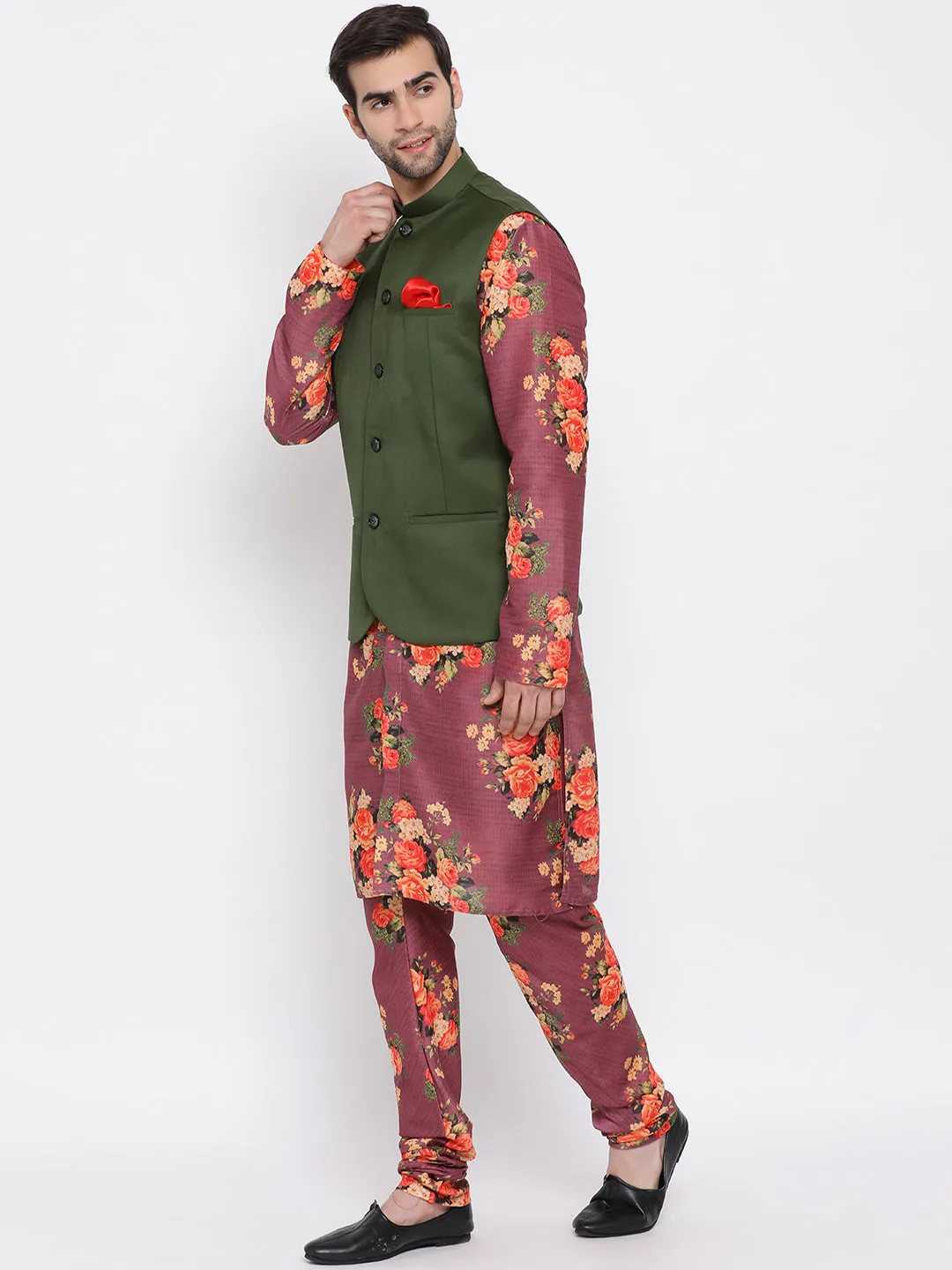 Jashvi Men's Green Twill Jacket, Printed Kurta and Pyjama Set