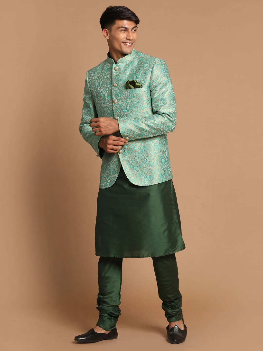 Jashvi Men's Green Woven Design Jodhpuri And Dark Green Solid Kurta Pyjama Set