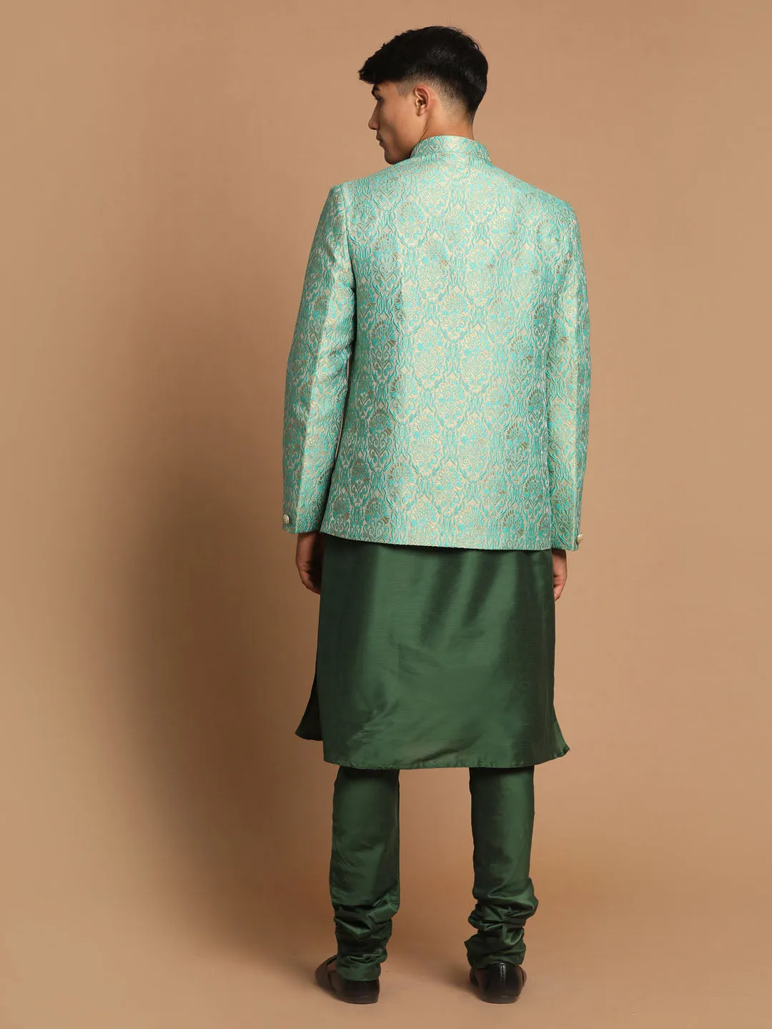 Jashvi Men's Green Woven Design Jodhpuri And Dark Green Solid Kurta Pyjama Set