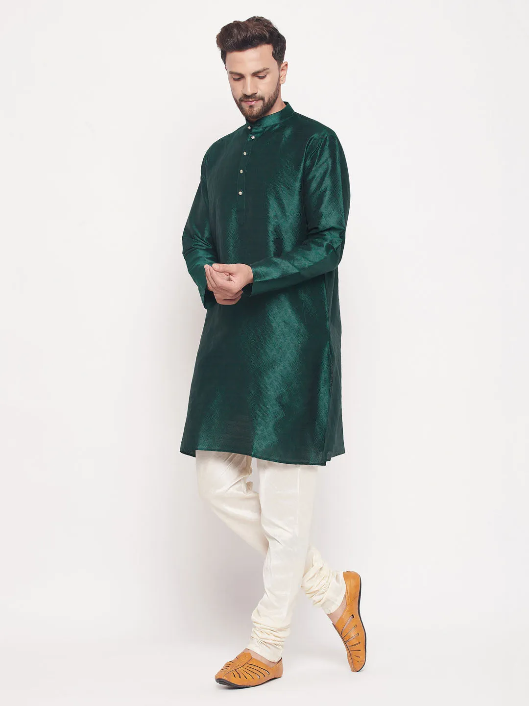 Jashvi Men's Green Woven Kurta Pyjama Set