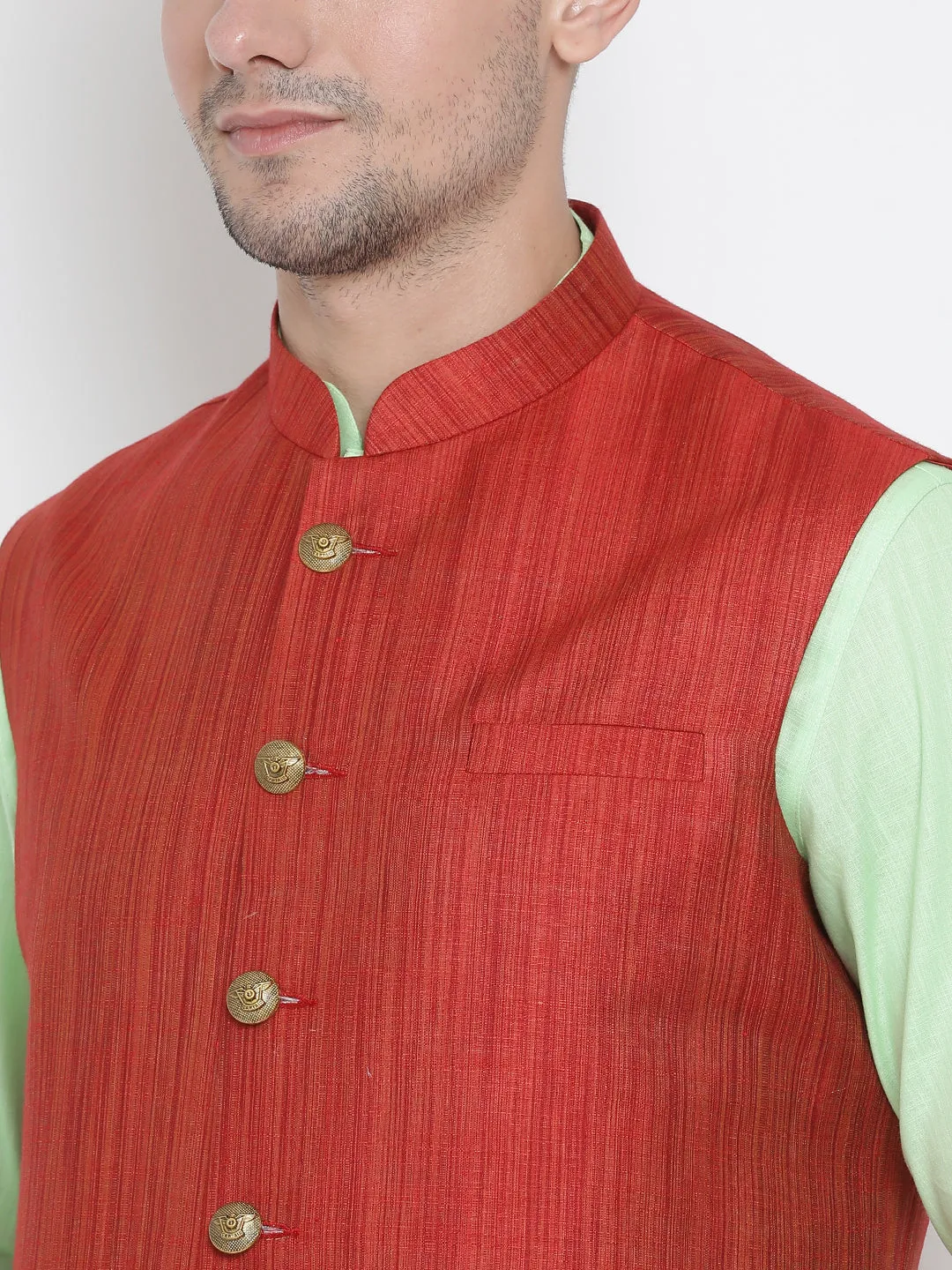 Jashvi Men's Light Green Cotton Blend Kurta, Ethnic Jacket and Pyjama Set