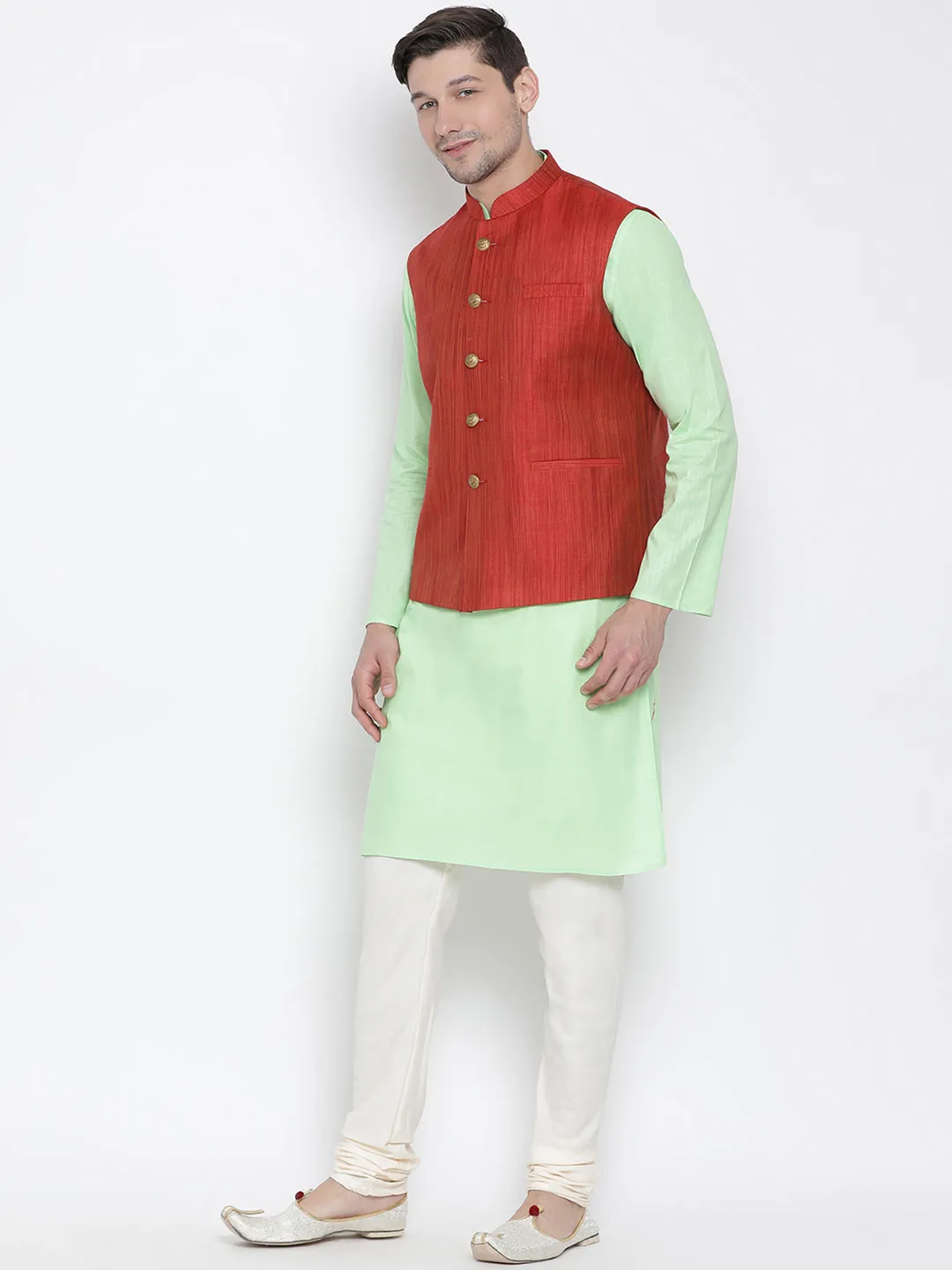 Jashvi Men's Light Green Cotton Blend Kurta, Ethnic Jacket and Pyjama Set