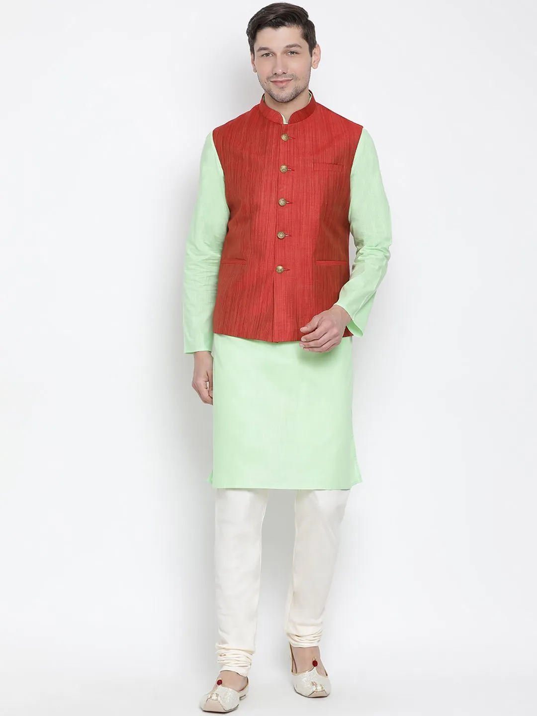 Jashvi Men's Light Green Cotton Blend Kurta, Ethnic Jacket and Pyjama Set