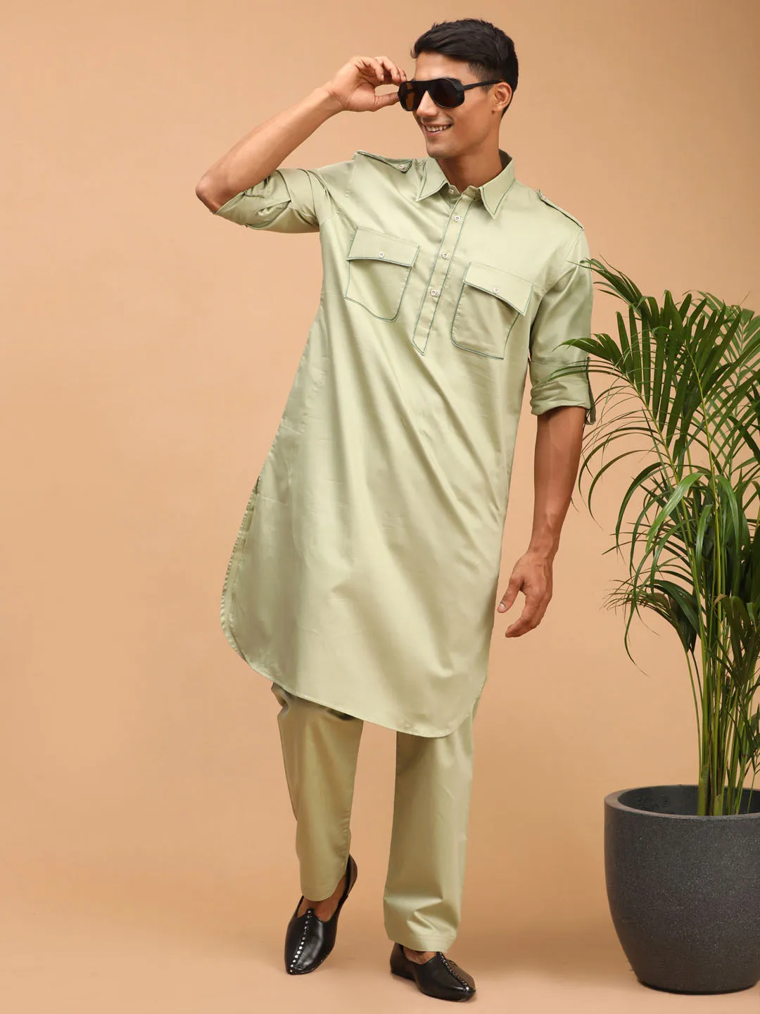 Jashvi Men's Light Green Cotton Blend Pathani Suit Set