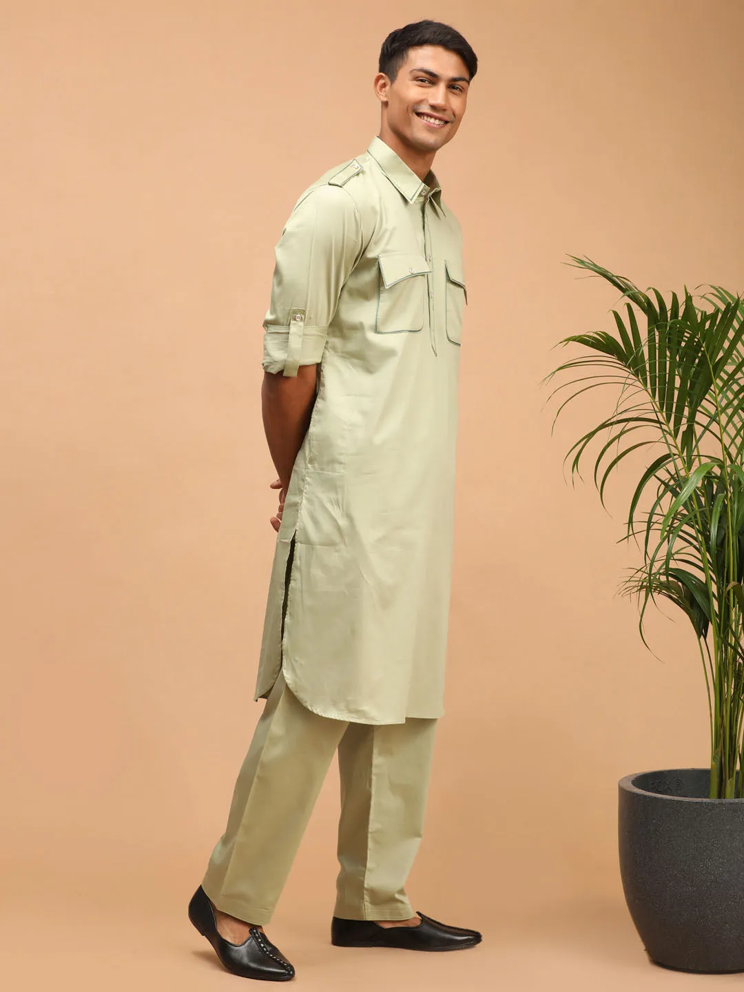 Jashvi Men's Light Green Cotton Blend Pathani Suit Set