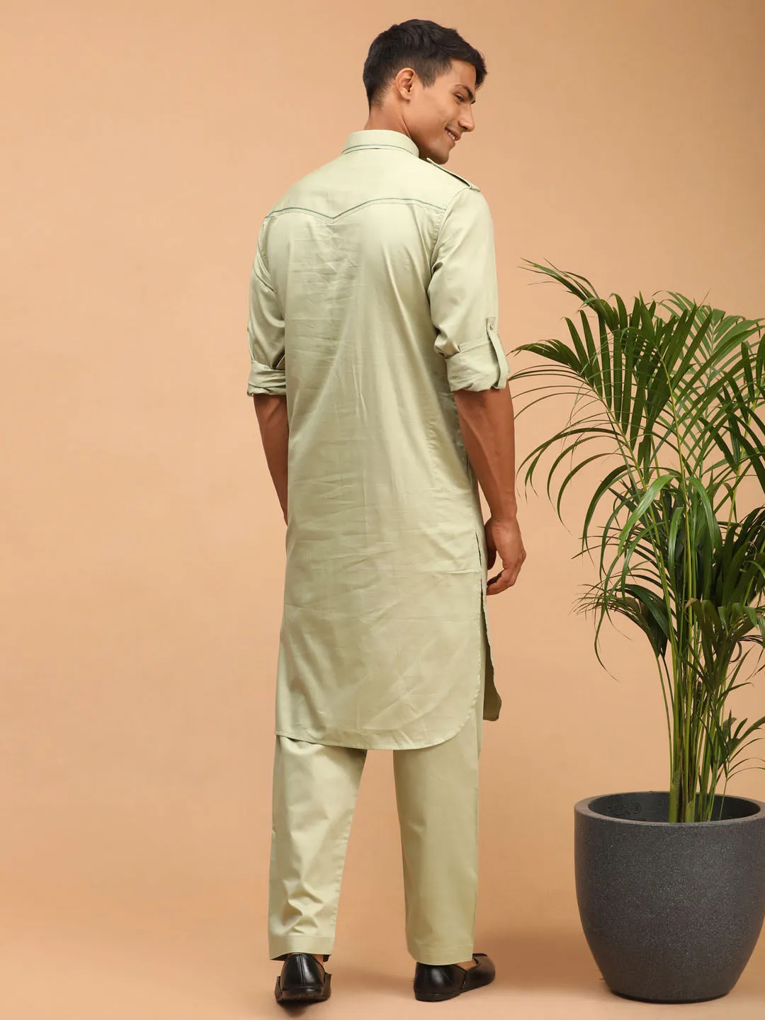 Jashvi Men's Light Green Cotton Blend Pathani Suit Set