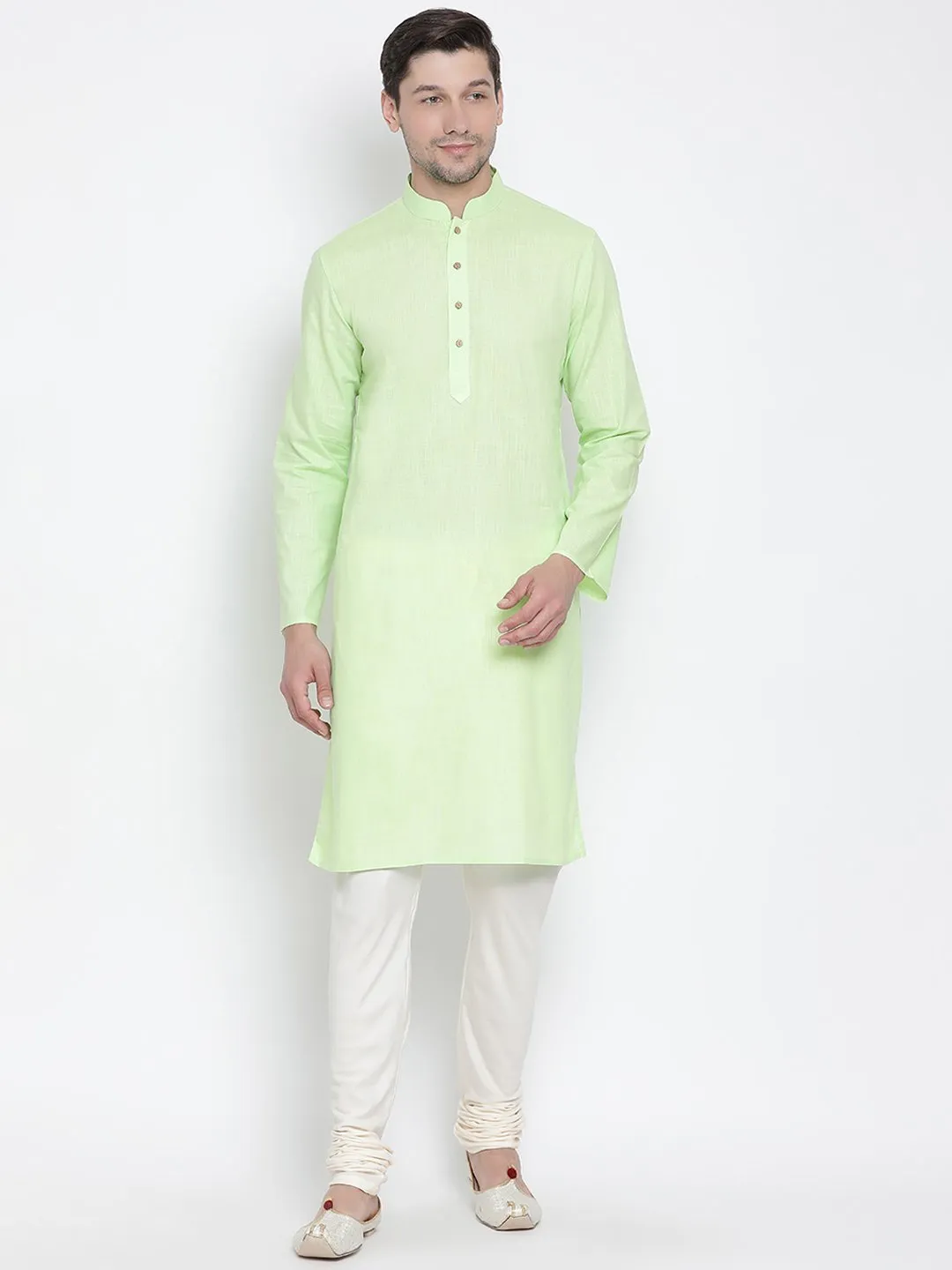 Jashvi Men's Light Green Cotton Kurta and Churidar Set