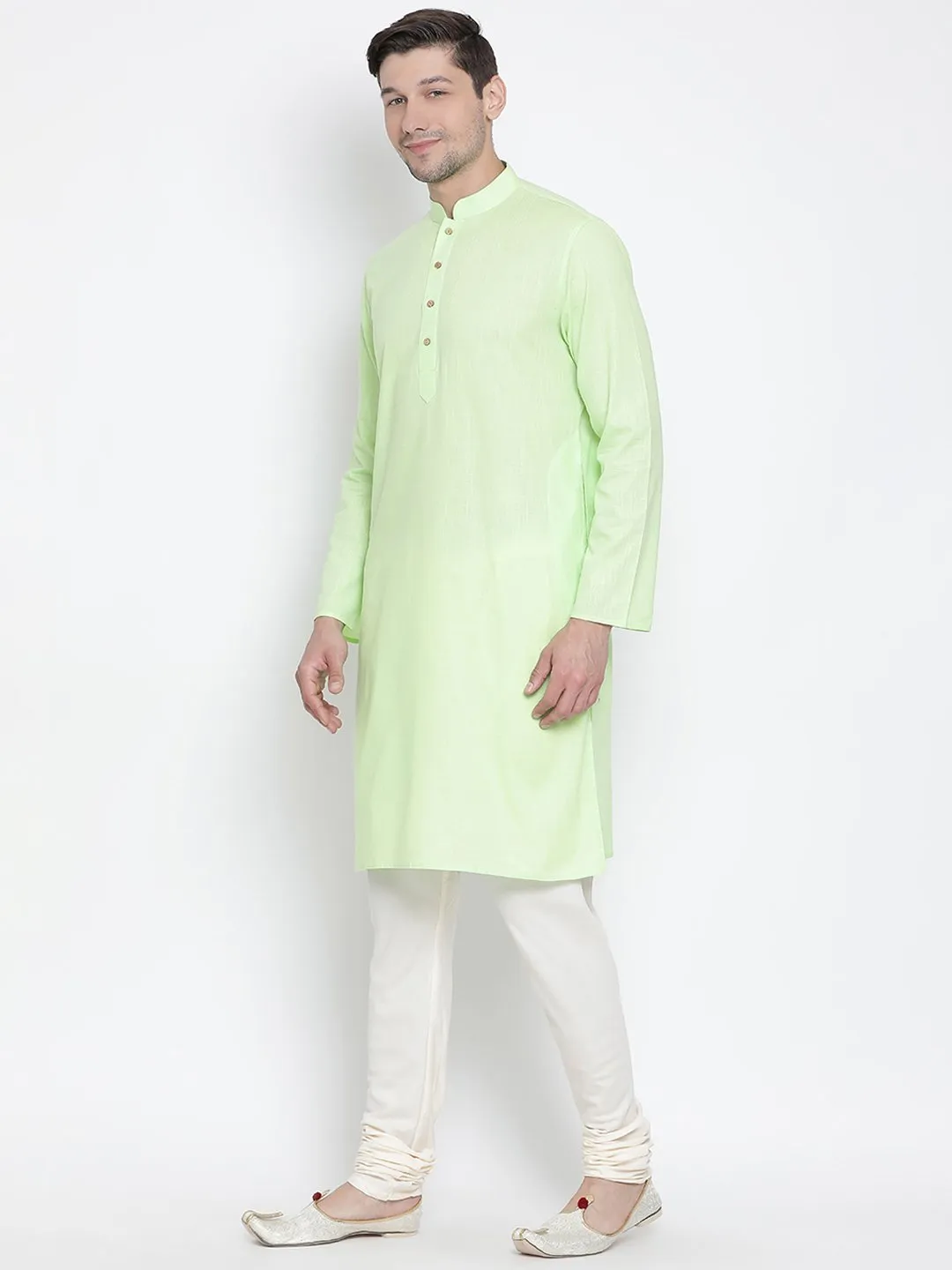 Jashvi Men's Light Green Cotton Kurta and Churidar Set