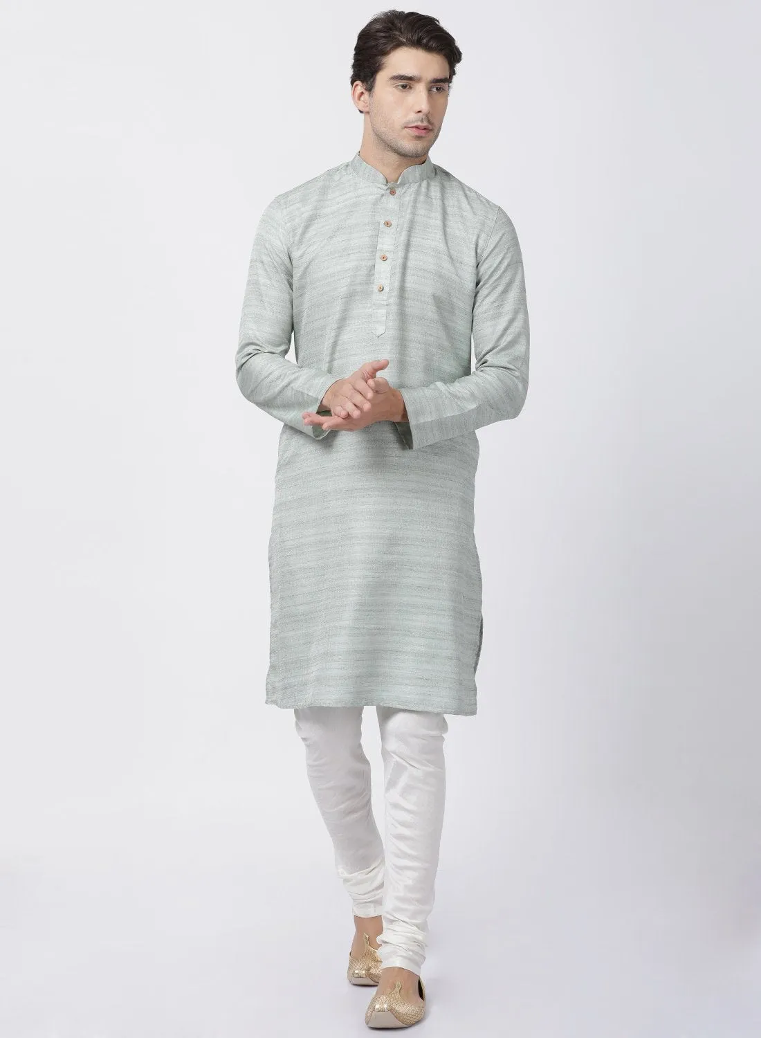 Jashvi Men's Light Green Cotton Silk Blend Kurta and Churidar Set