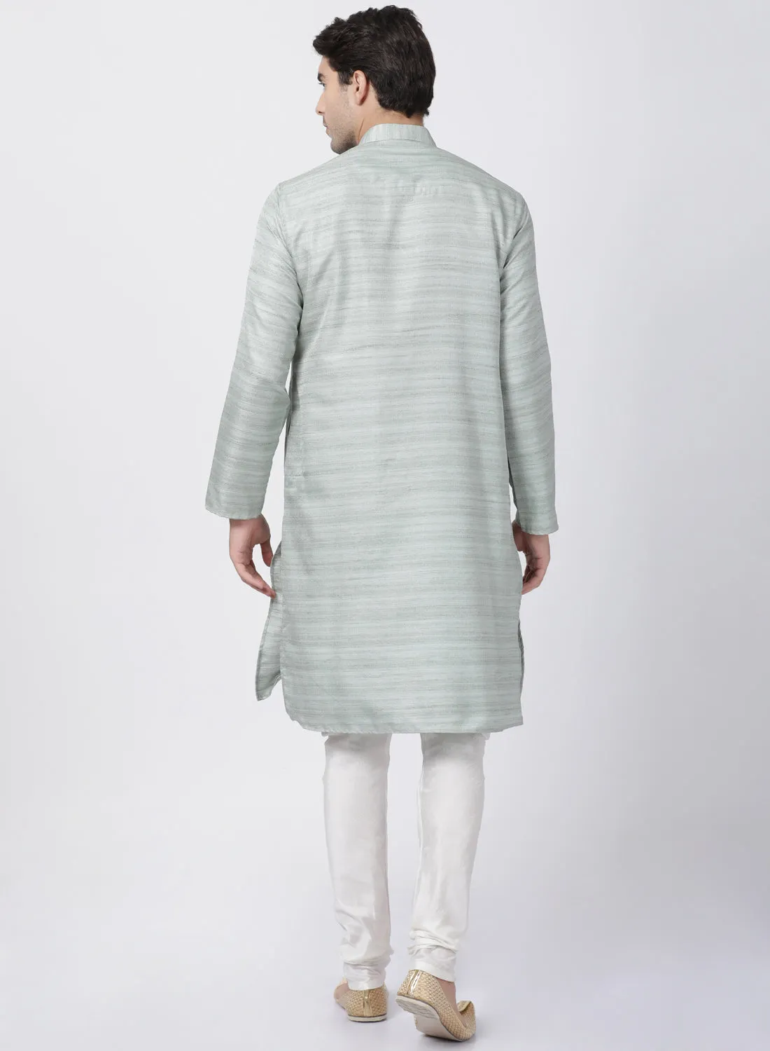 Jashvi Men's Light Green Cotton Silk Blend Kurta and Churidar Set