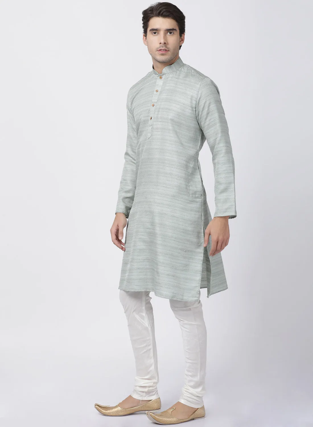 Jashvi Men's Light Green Cotton Silk Blend Kurta and Churidar Set