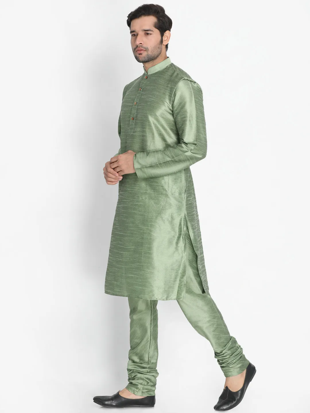 Jashvi Men's Light Green Cotton Silk Blend Kurta and Pyjama Set