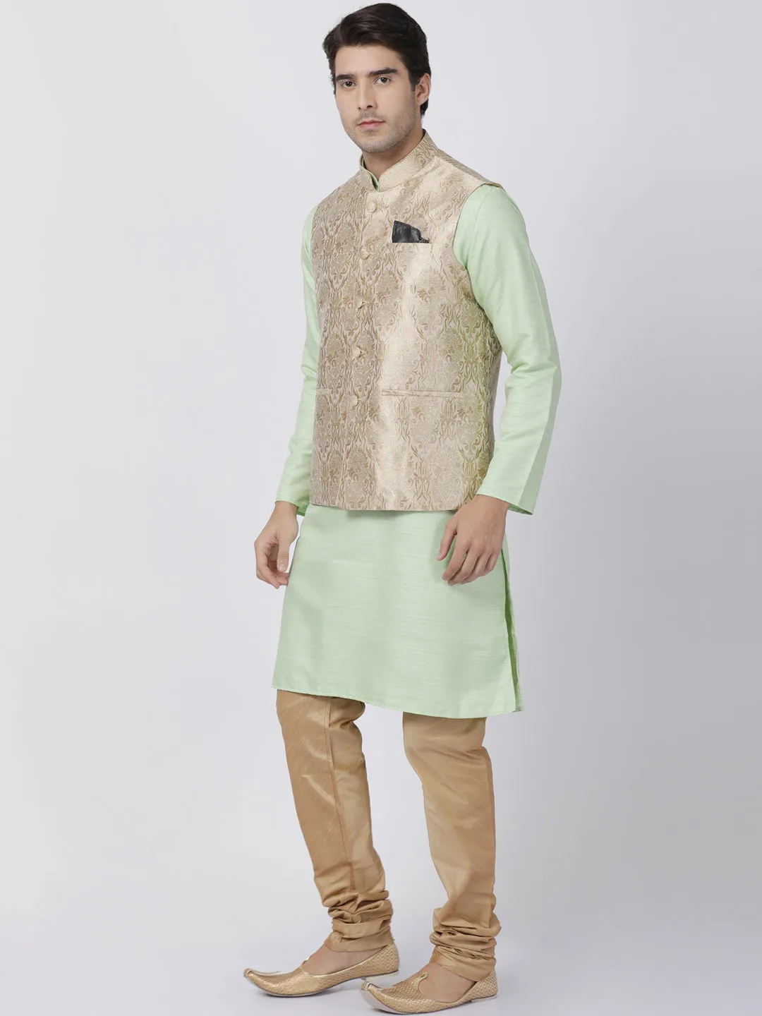 Jashvi Men's Light Green Cotton Silk Blend Kurta, Ethnic Jacket and Pyjama Set