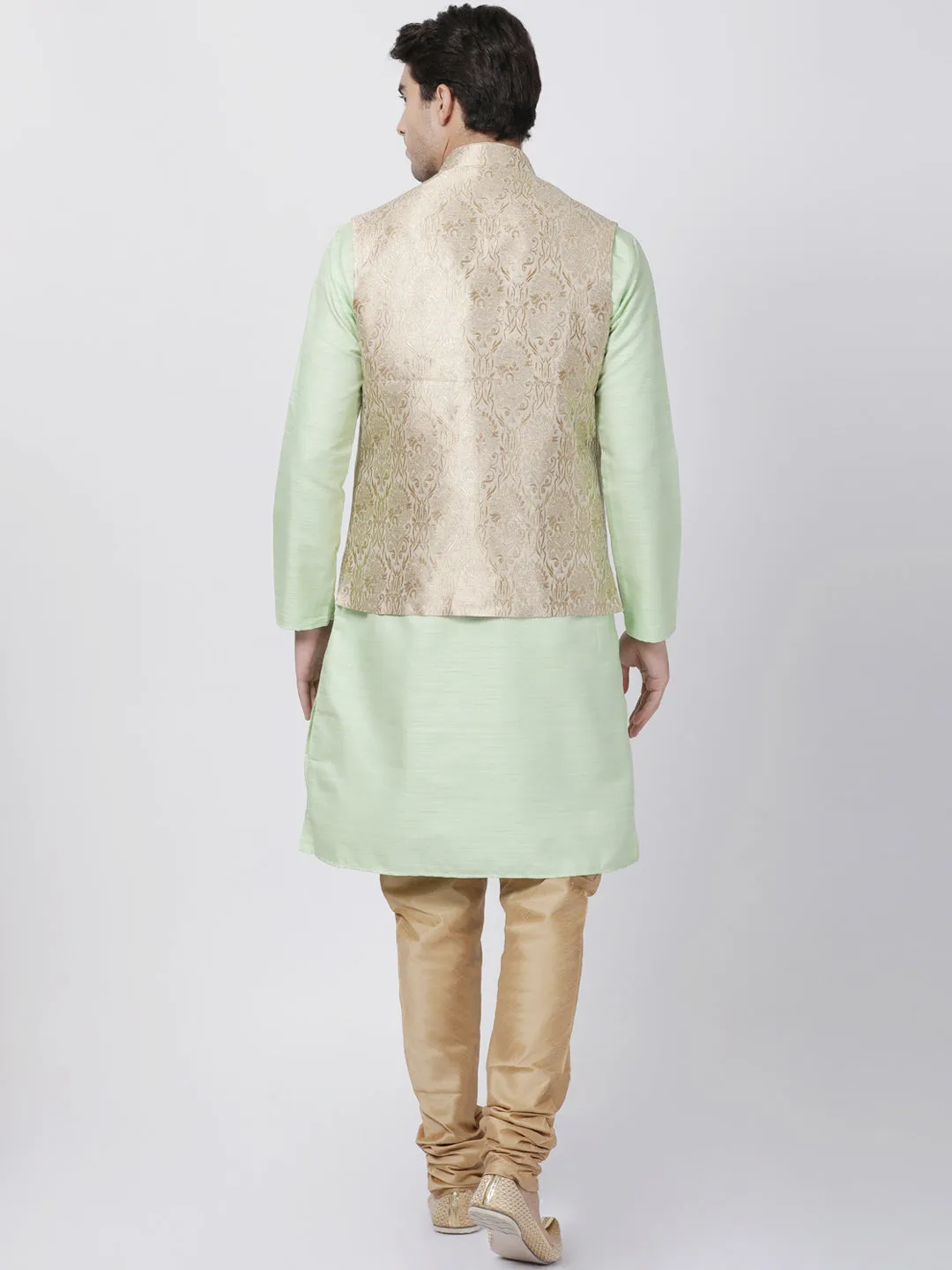 Jashvi Men's Light Green Cotton Silk Blend Kurta, Ethnic Jacket and Pyjama Set