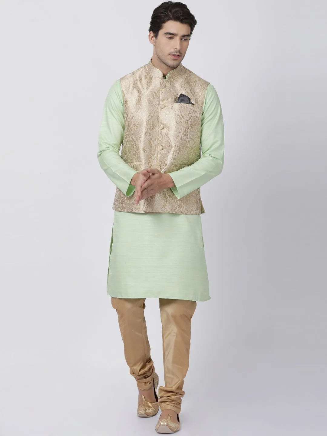 Jashvi Men's Light Green Cotton Silk Blend Kurta, Ethnic Jacket and Pyjama Set