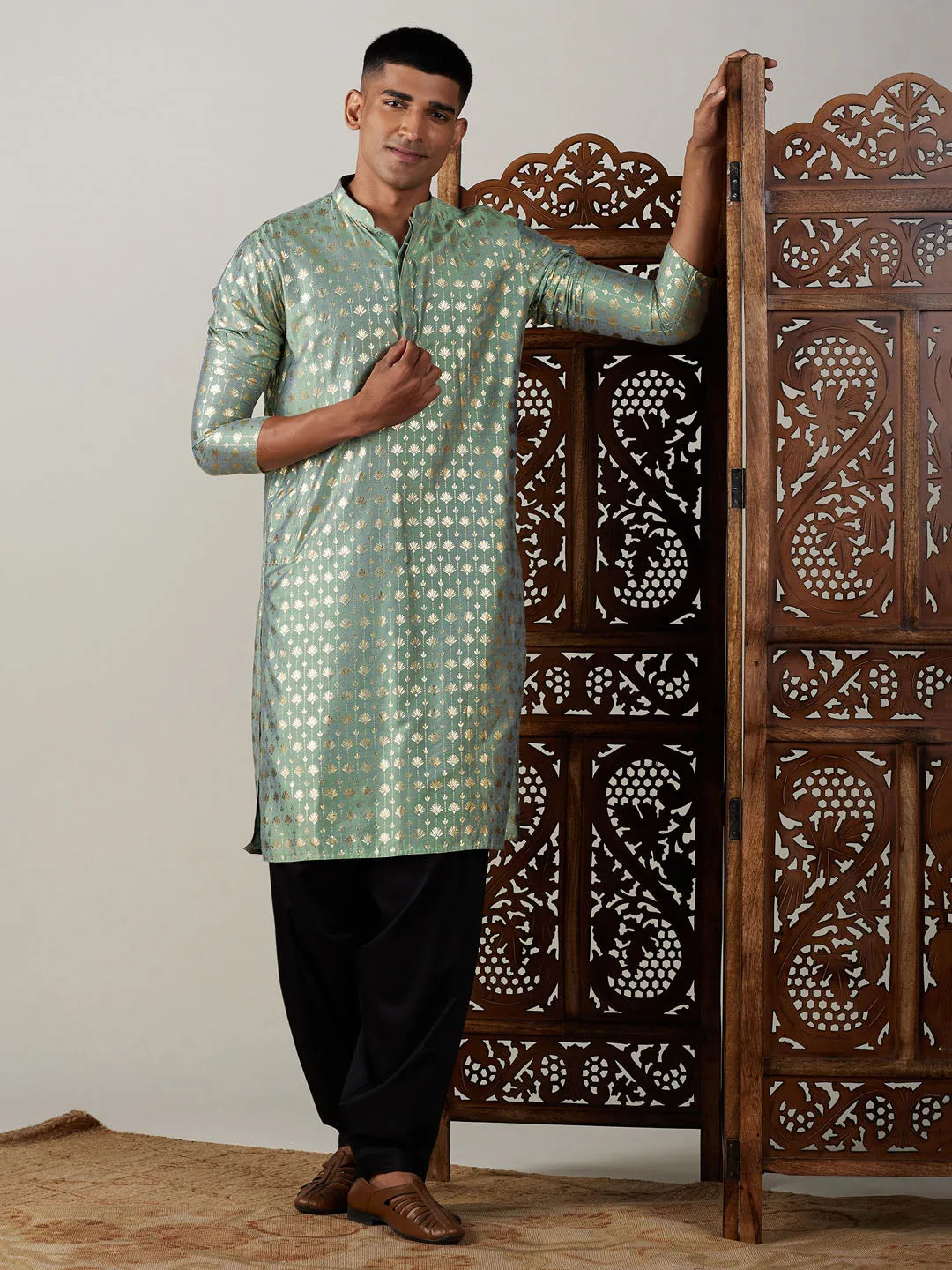 Jashvi Men's Light Green Foil Printed Kurta With Black Patiala Set