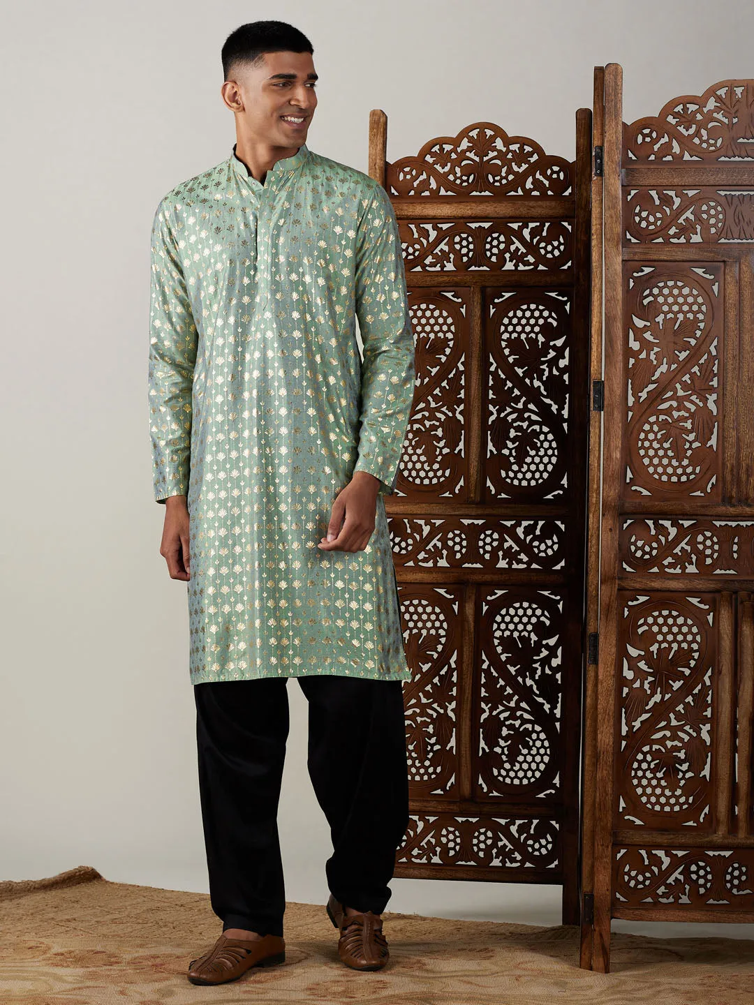 Jashvi Men's Light Green Foil Printed Kurta With Black Patiala Set