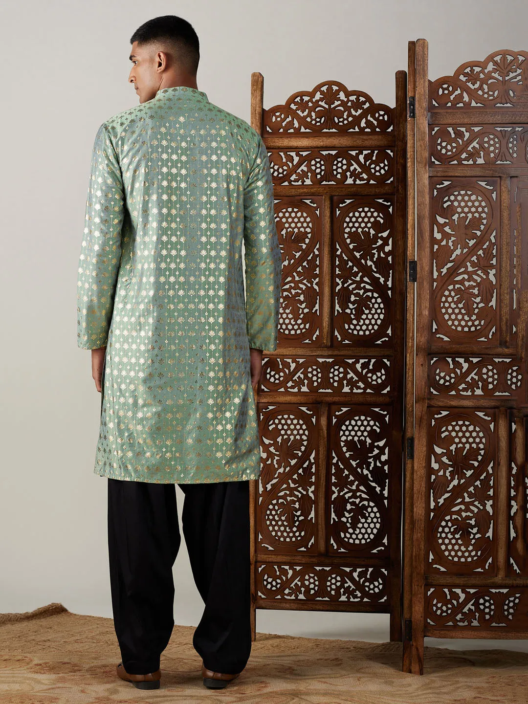 Jashvi Men's Light Green Foil Printed Kurta With Black Patiala Set