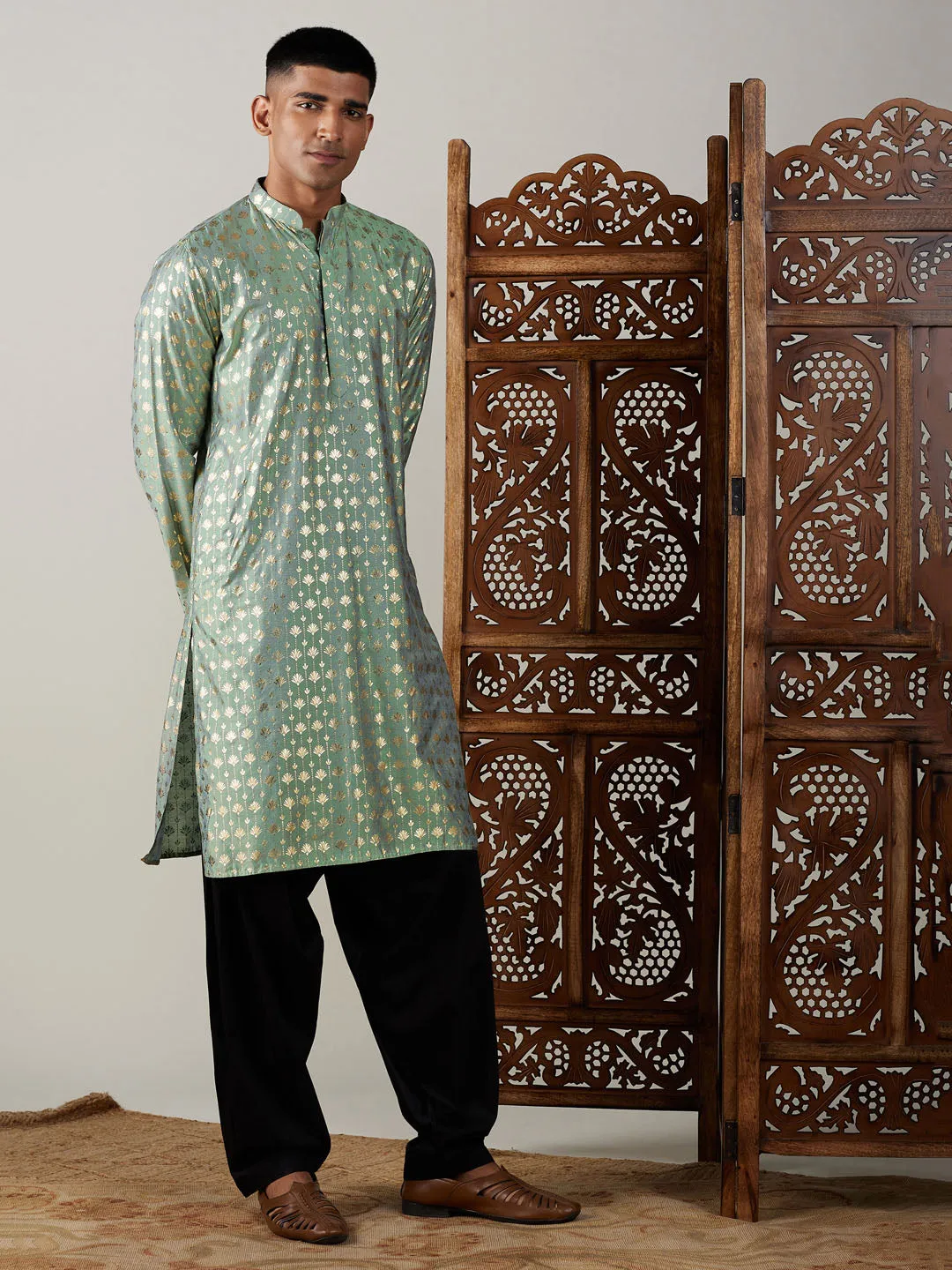 Jashvi Men's Light Green Foil Printed Kurta With Black Patiala Set