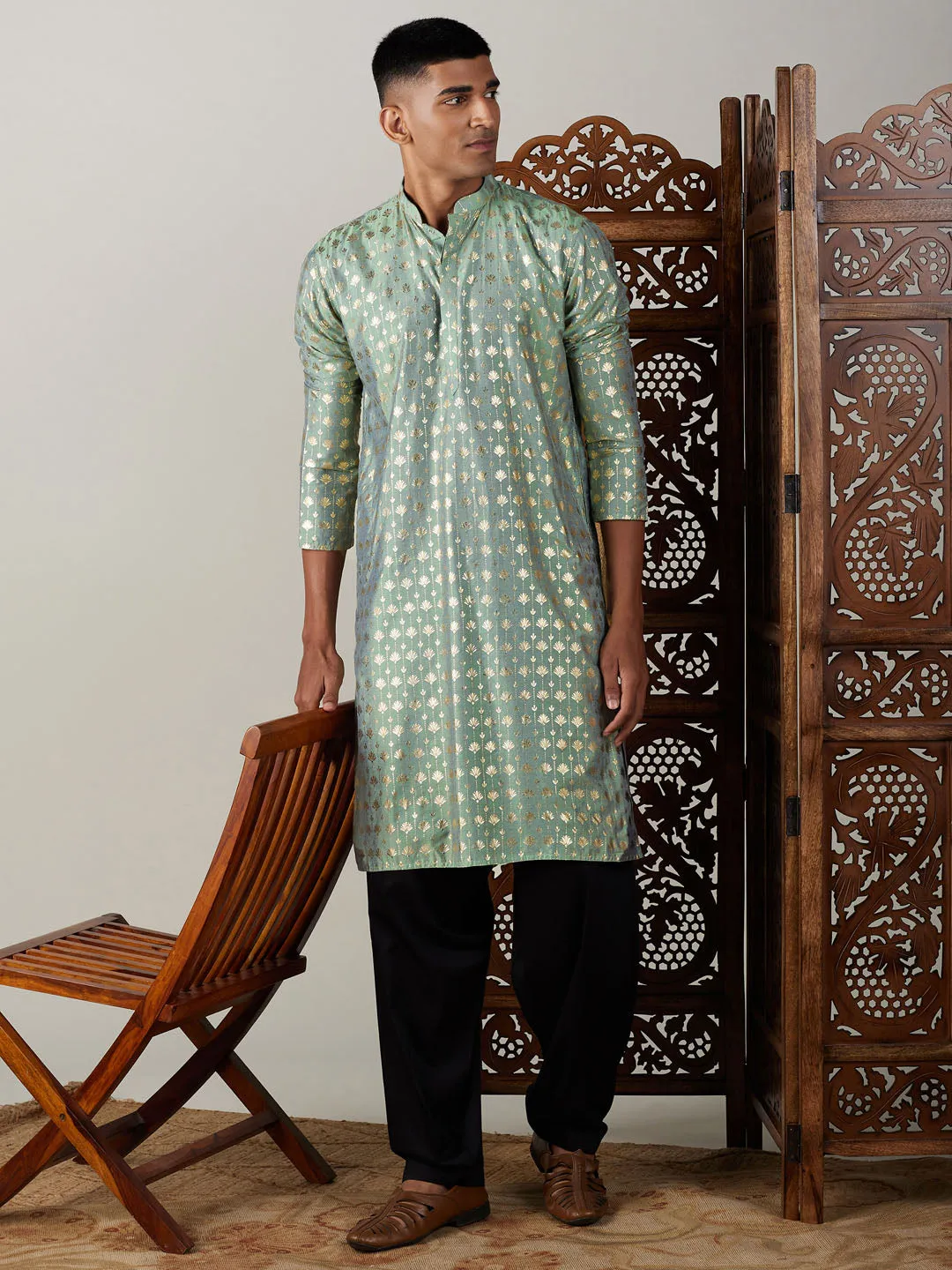 Jashvi Men's Light Green Foil Printed Kurta With Black Patiala Set