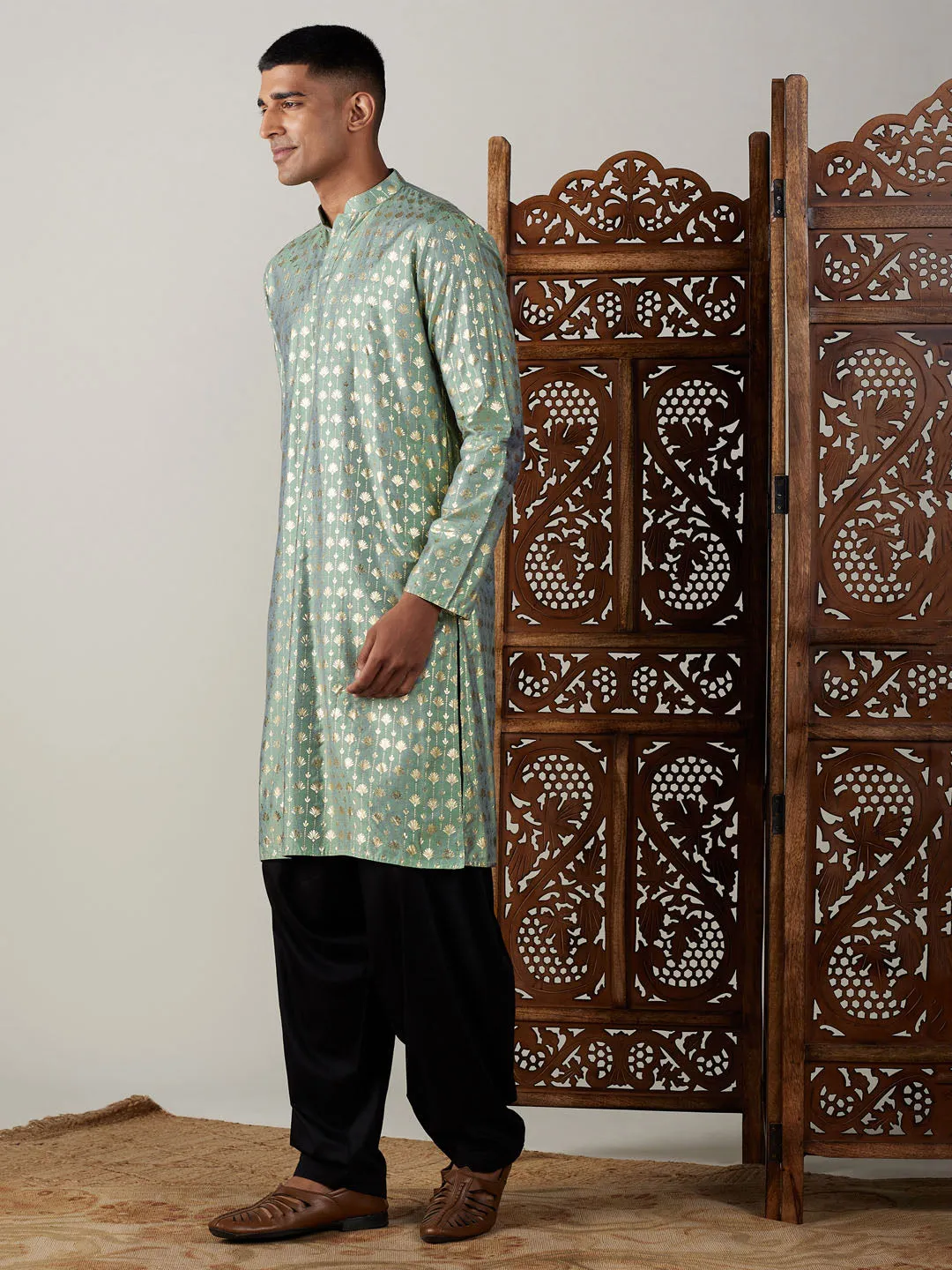 Jashvi Men's Light Green Foil Printed Kurta With Black Patiala Set